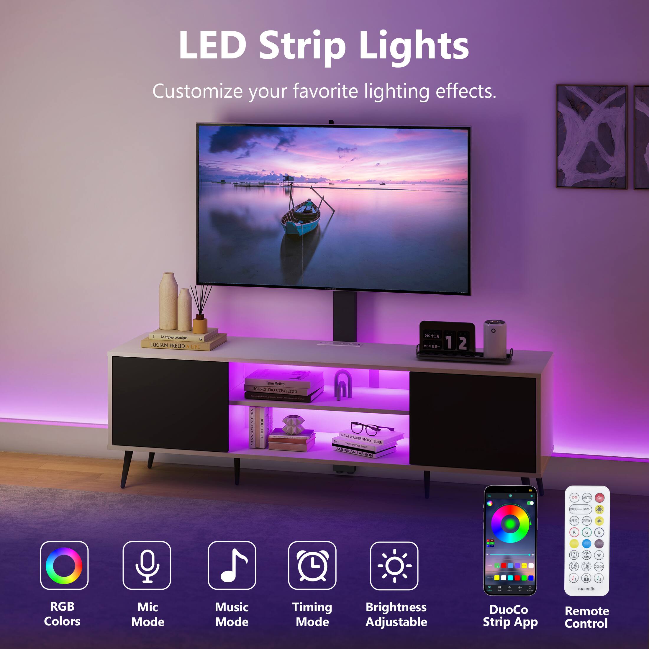 LED Strip Lights Customize your favorite lighting effects. - - - LUCIAN FREUD L -  - -. 2 - - COCN IPECIZA | i ! - - O0 - -- - - - : MOCO Adidaa i - - - - - - a 4 - . I - -  + a 1 A -- - - RGB Colors Mic Mode Music Mode Timing Mode Brightness Adjustable DuoCo Strip App Remote Control