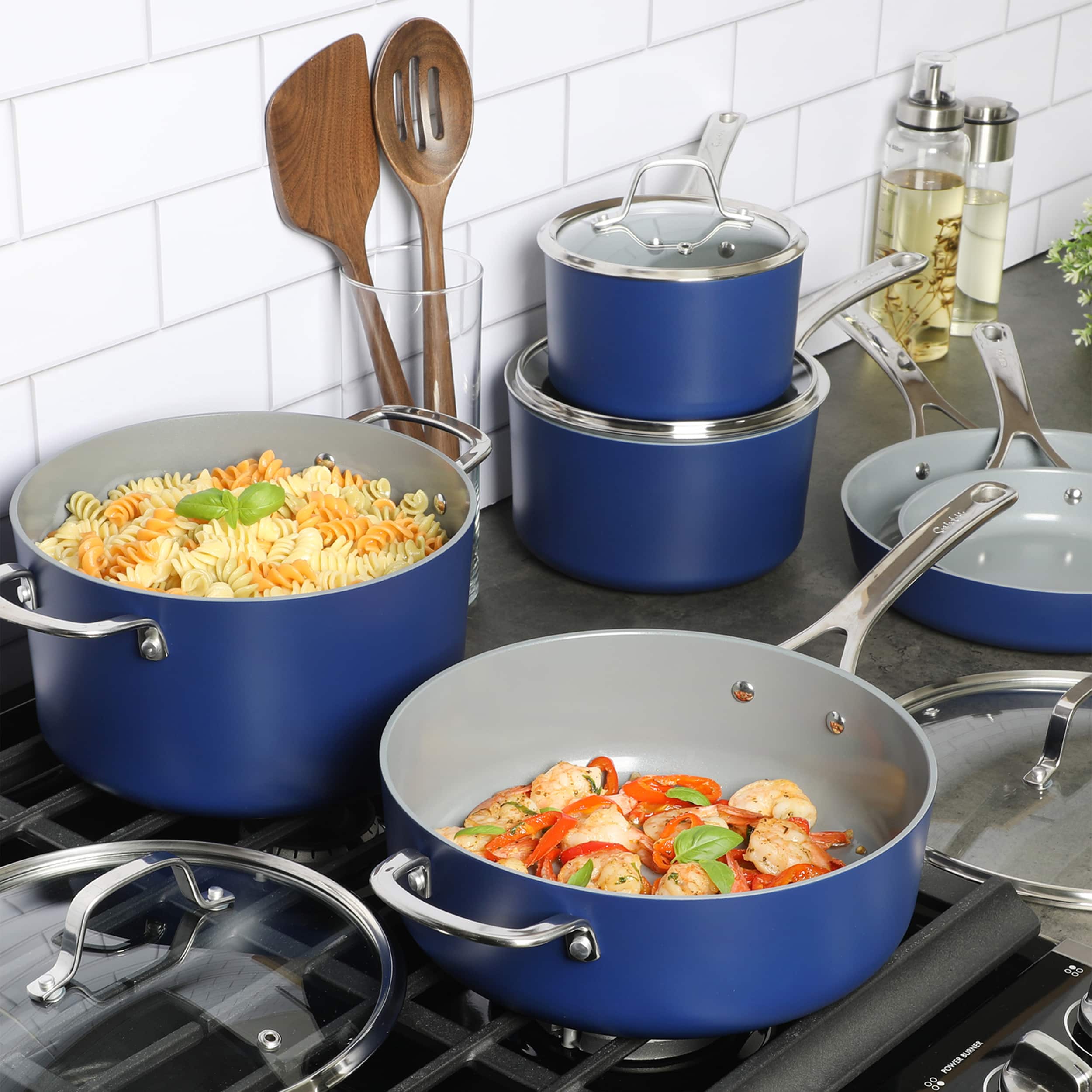 Sur La Table - Angelie 10 Piece Nonstick Ceramic Enameled Aluminum Cookware Set - Blue