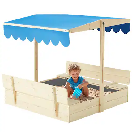 Front. U-HOMY - Kids Wooden Sandbox with Adjustable Canopy, Foldable Bench Seats, and Weather-Resistant Cover - Blue.