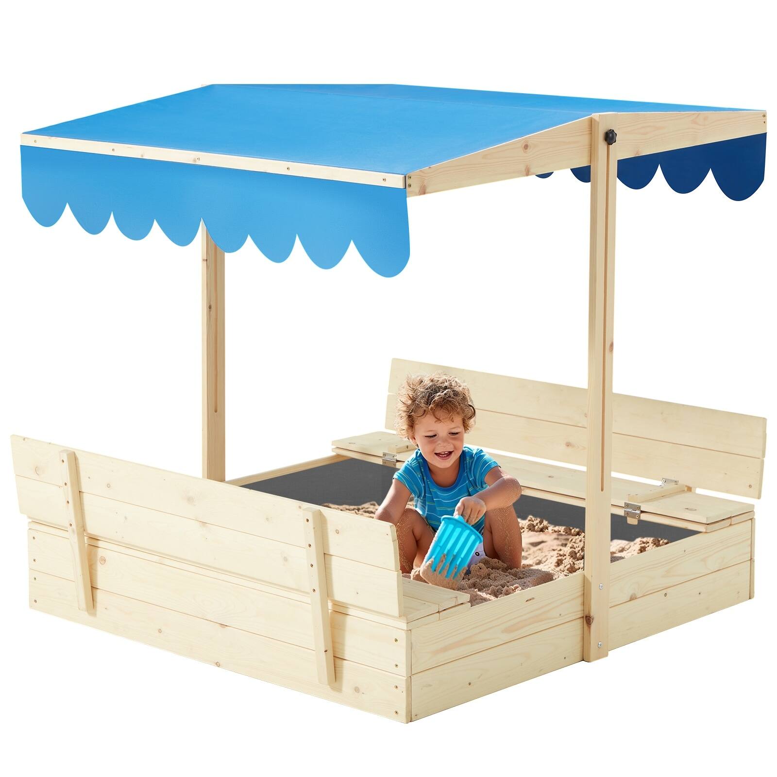 U-HOMY - Kids Wooden Sandbox with Adjustable Canopy, Foldable Bench Seats, and Weather-Resistant Cover - Blue