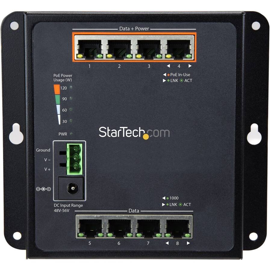 Data + Power

1 2 3 4
PoE Power Usage (W)
PoE In-Use LNK ACT
120 90 60 30 PWR

StarTech.com

Ground
V- V+
DC Input Range 48V-56V

Data
1000 LNK ACT
5 6 7 8