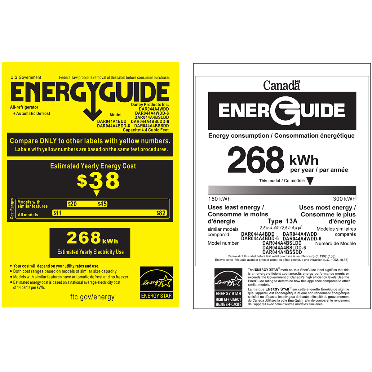 **U.S. Government**

Federal law prohibits removal of this label before consumer purchase.

**ENERGY GUIDE**

Danby Products Inc.

All-refrigerator  
Automatic Defrost

Model:  
DAR0444A4WDD  
DAR0444A4BDD  
DAR0444A4BSLDD  
DAR0444A4BDD-6  
DAR0444A4BSLDD-6  
DAR0444A4BDD-6  
DAR0444A4BSSDD

Capacity: 4.4 Cubic Feet

Compare ONLY to other labels with yellow numbers.  
Labels with yellow numbers are based on the same test procedures.

**Estimated Yearly Energy Cost**

$38

Models with similar features  
$20 $45

All models  
$11 $82

268 kWh  
Estimated Yearly Electricity Use

Your cost will depend on your utility rates and use.  
Both cost ranges based on models of similar size and capacity.  
Models with similar features have automatic defrost and no freezer.  
Estimated energy cost is based on a national average electricity cost of 14 cents per