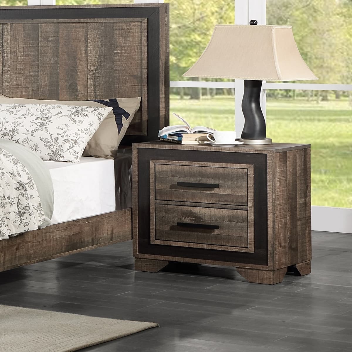 Loheer - Finish Nightstand, Two Drawer Bedside Table for Bedroom and Guest Room - Oak