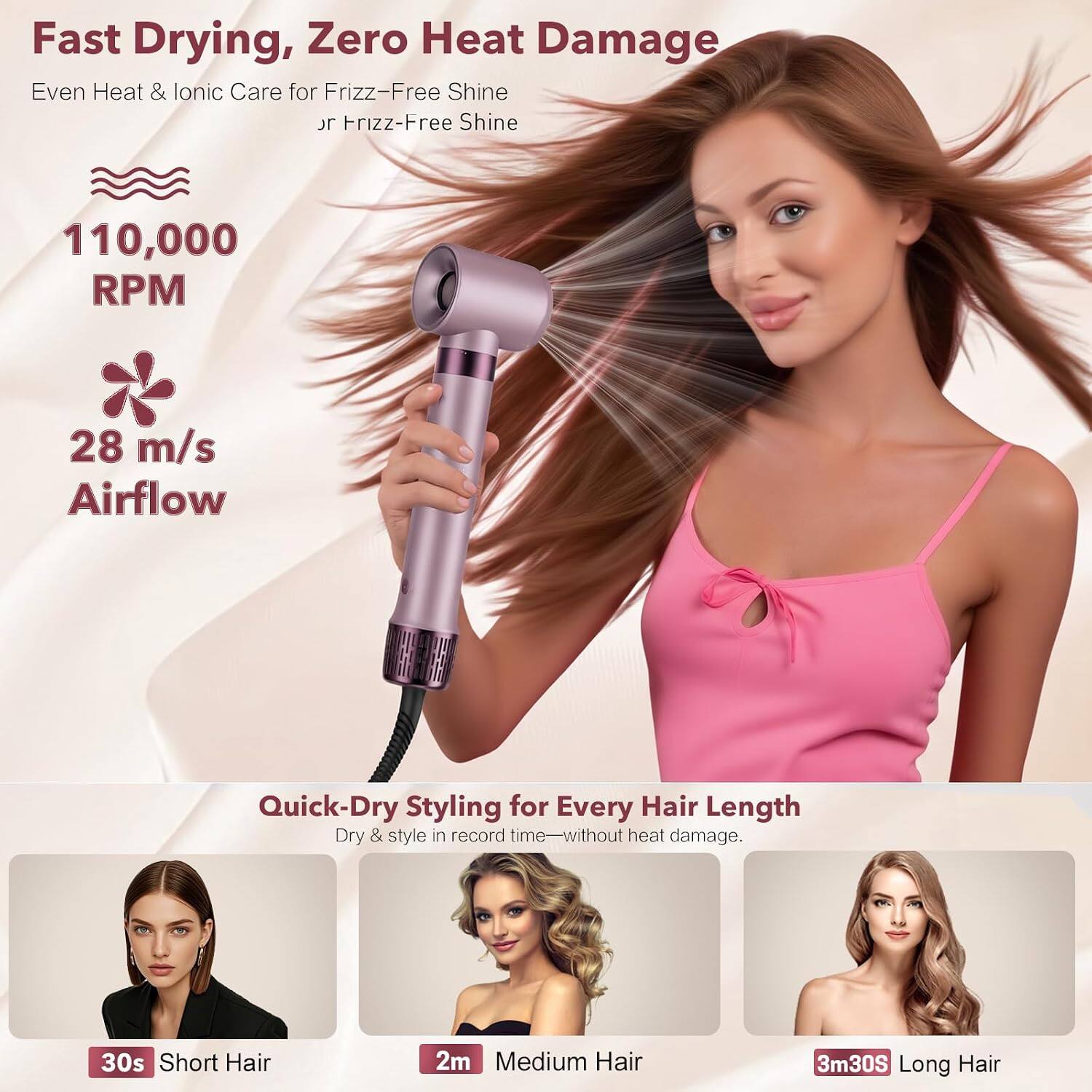 Fast Drying, Zero Heat Damage  
Even Heat & Ionic Care for Frizz-Free Shine  

110,000 RPM  
28 m/s Airflow  

Quick-Dry Styling for Every Hair Length  
Dry & style in record time without heat damage.  

30s Short Hair  
2m Medium Hair  
3m30s Long Hair