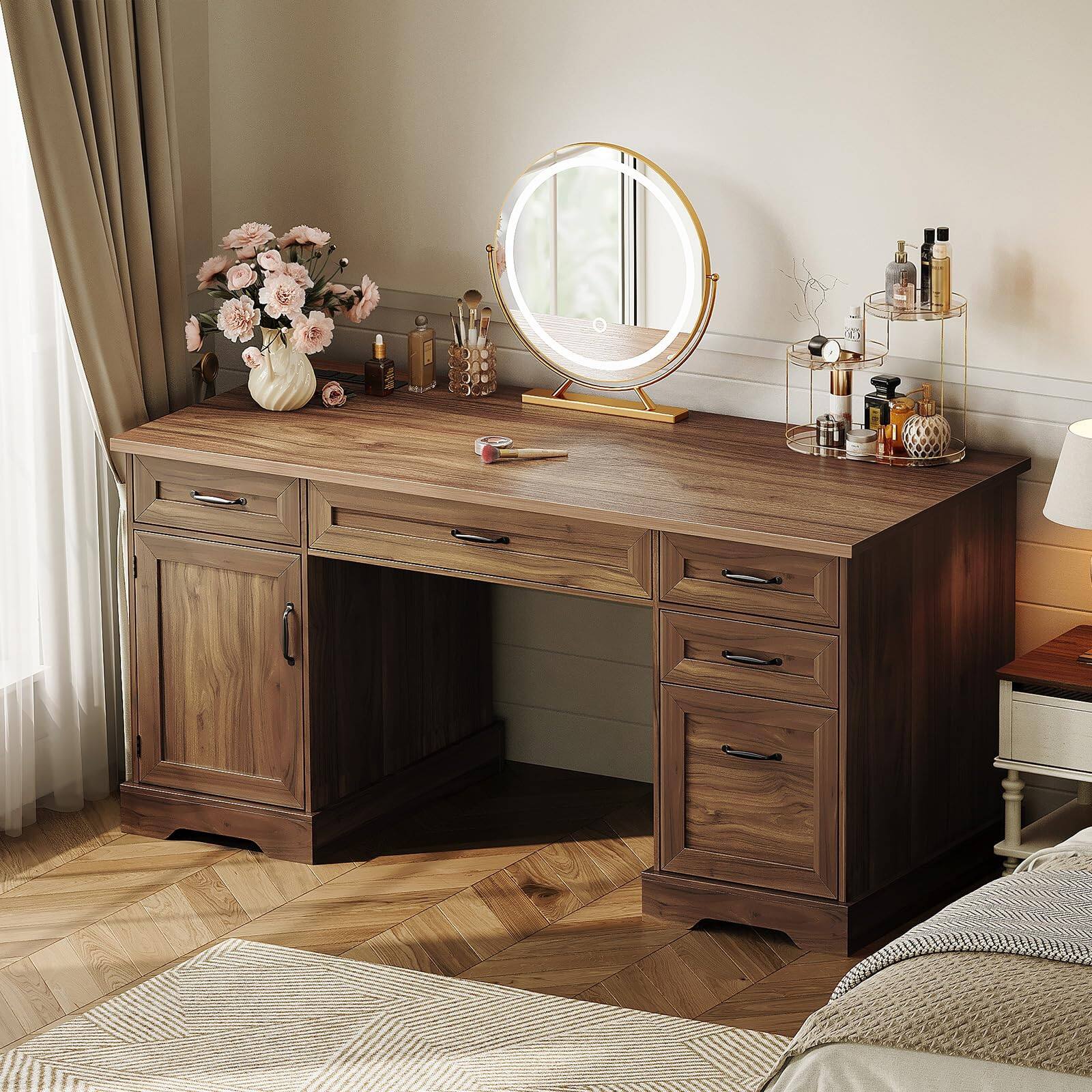 Alt View 2. OffiGo - 59 Inch Farmhouse Desk with Drawers, Executive Computer Desk with Charging Station & File Cabinet Storage - Walnut.
