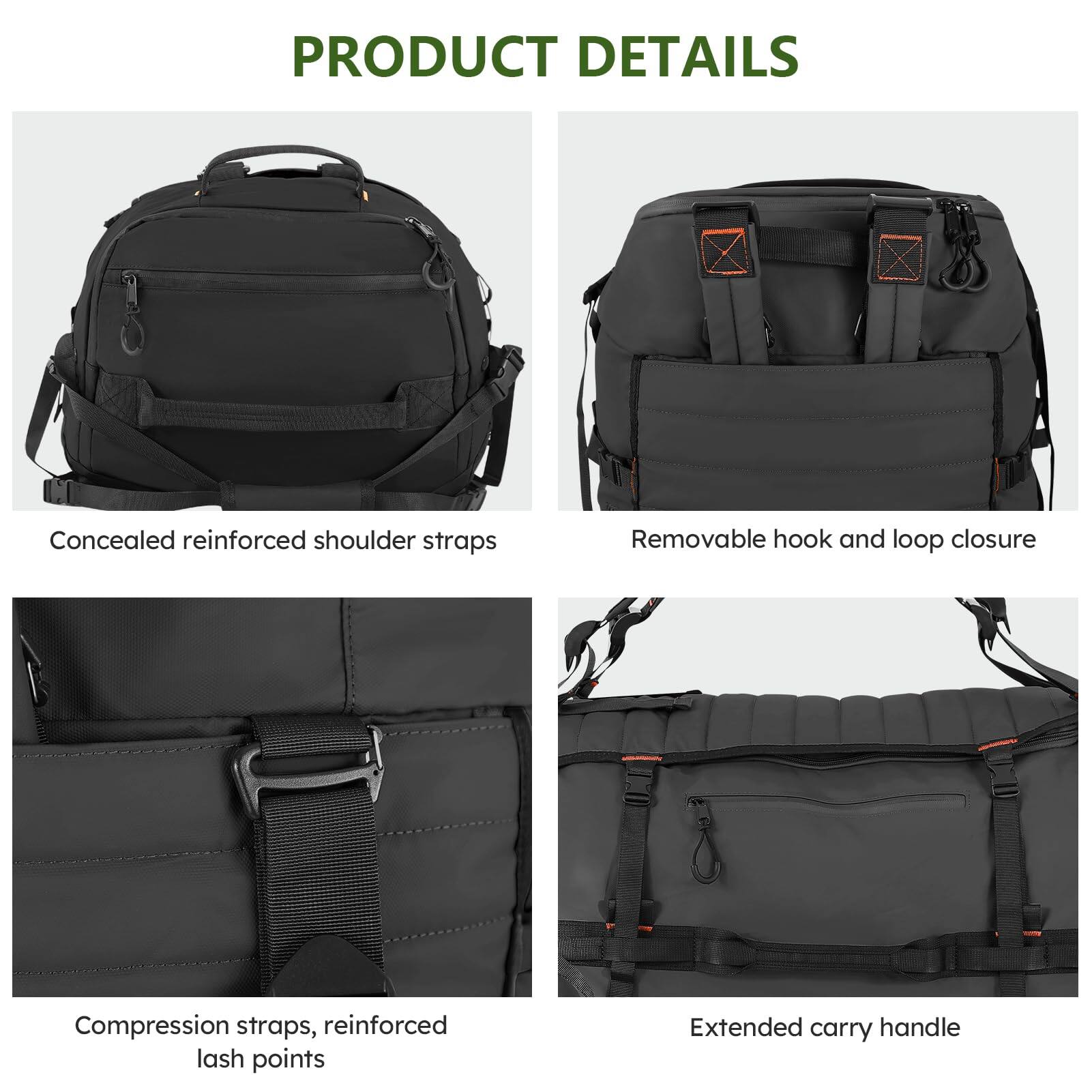 PRODUCT DETAILS

- Concealed reinforced shoulder straps
- Removable hook and loop closure
- Compression straps, reinforced lash points
- Extended carry handle