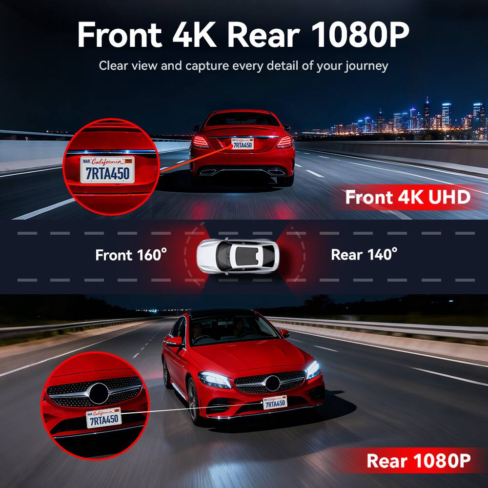 Front 4K Rear 1080P  
Clear view and capture every detail of your journey  

Front 4K UHD  
Front 160°  
Rear 140°  

7RTA450  
California