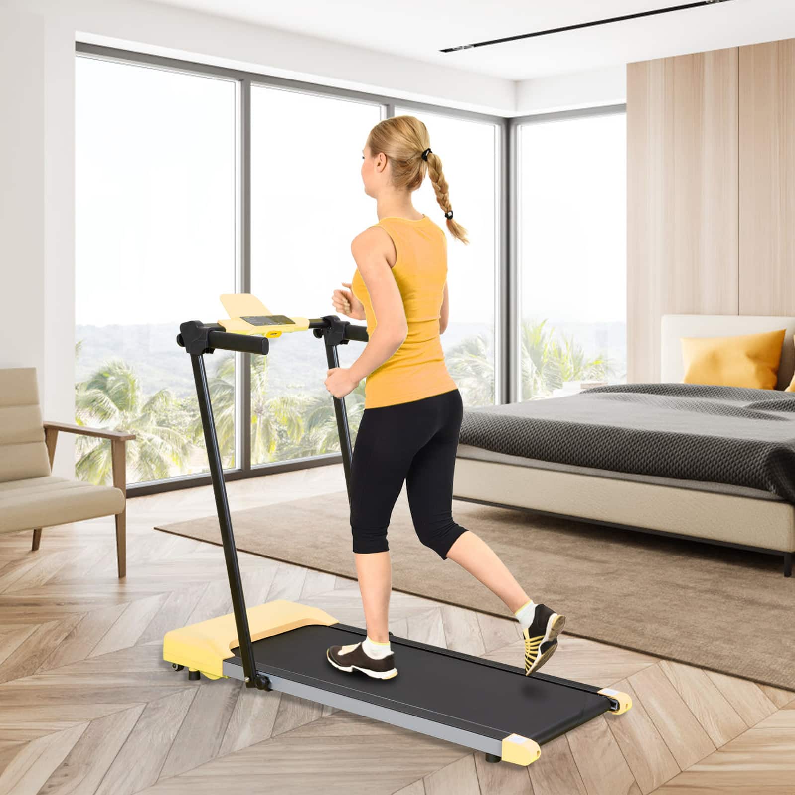 Akoasm - Walking Pad Folding Treadmills for Home with LED Displays and Built-in Wheels for Walking & Running - Yellow