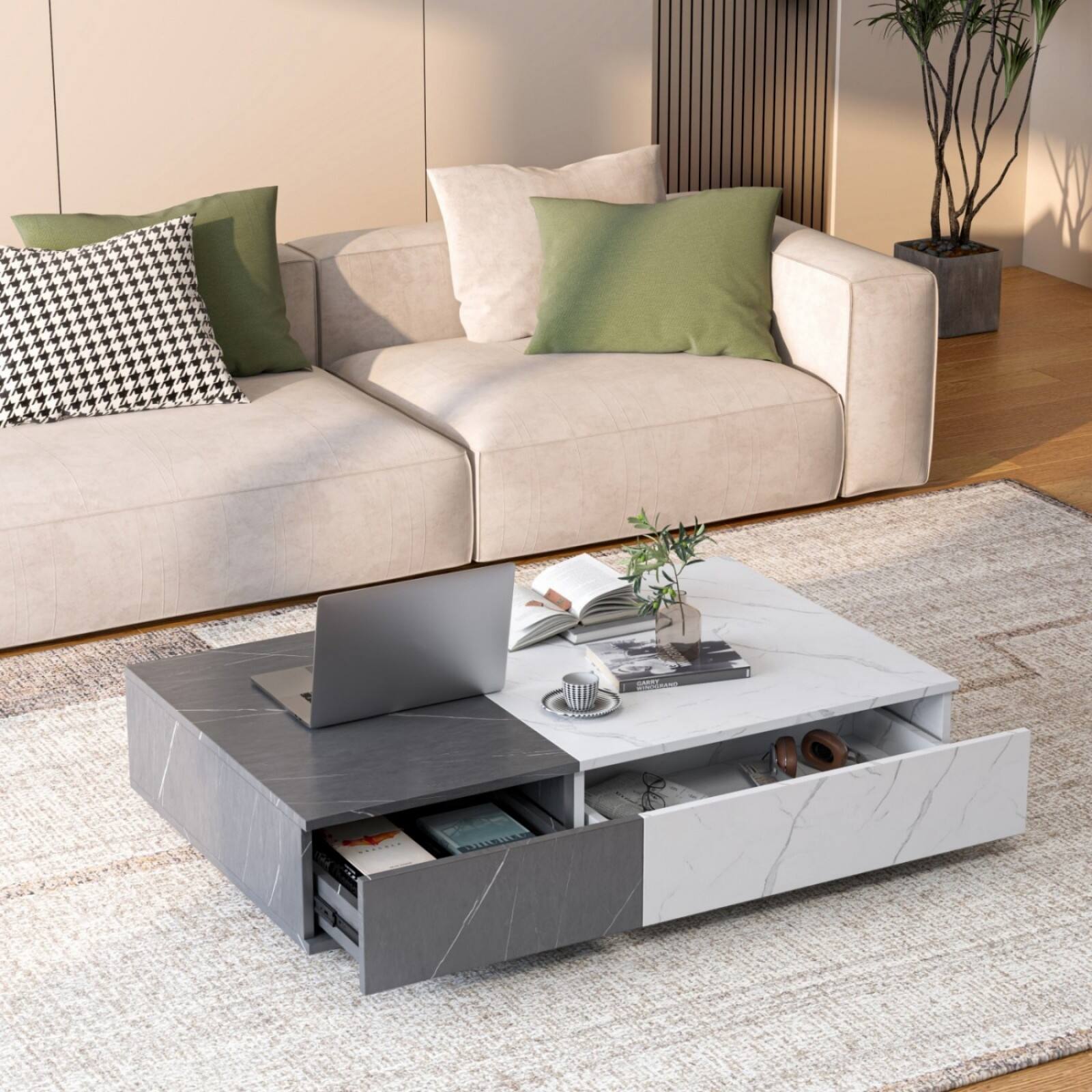 Alt View 9. Ecooso - Modern Coffee Table with Storage Shelves, Sturdy MDF Frame with Marble Finish and Two Tone Patchwork Design - White+Black.