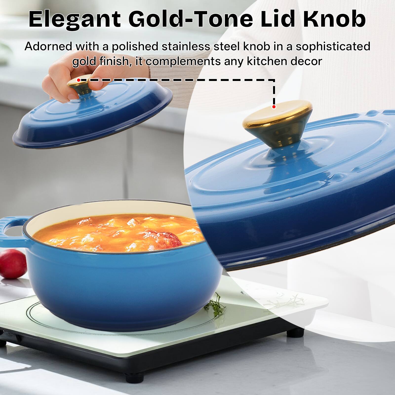 Elegant Gold-Tone Lid Knob

Adorned with a polished stainless steel knob in a sophisticated gold finish, it complements any kitchen decor.