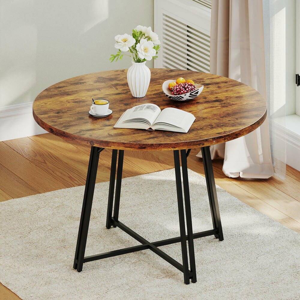 Angle. Resenkos - 47" Round Farmhouse Dining Table for 6 with Cross Base, Rustic Brown - Brown.