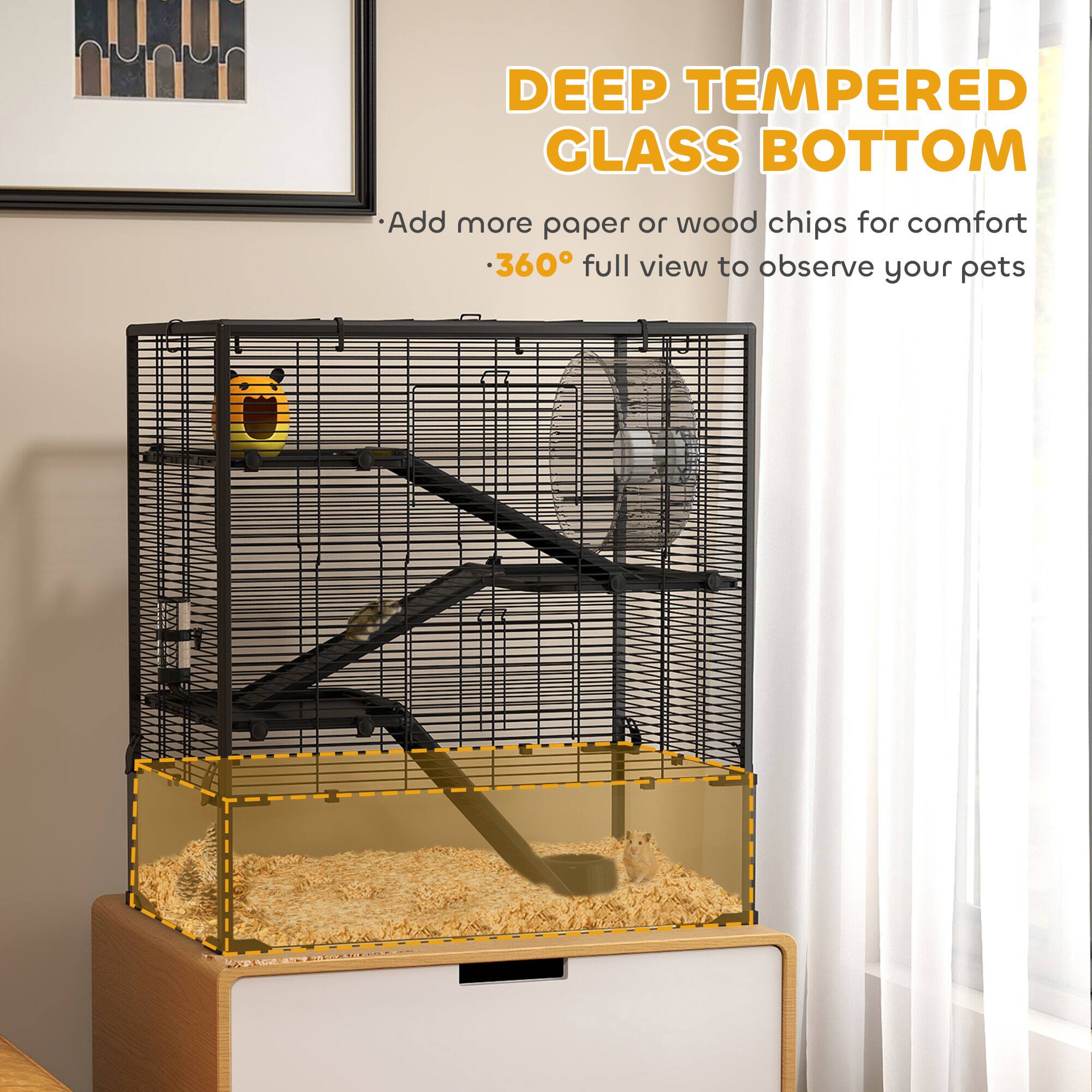 DEEP TEMPERED GLASS BOTTOM

- Add more paper or wood chips for comfort
- 360° full view to observe your pets