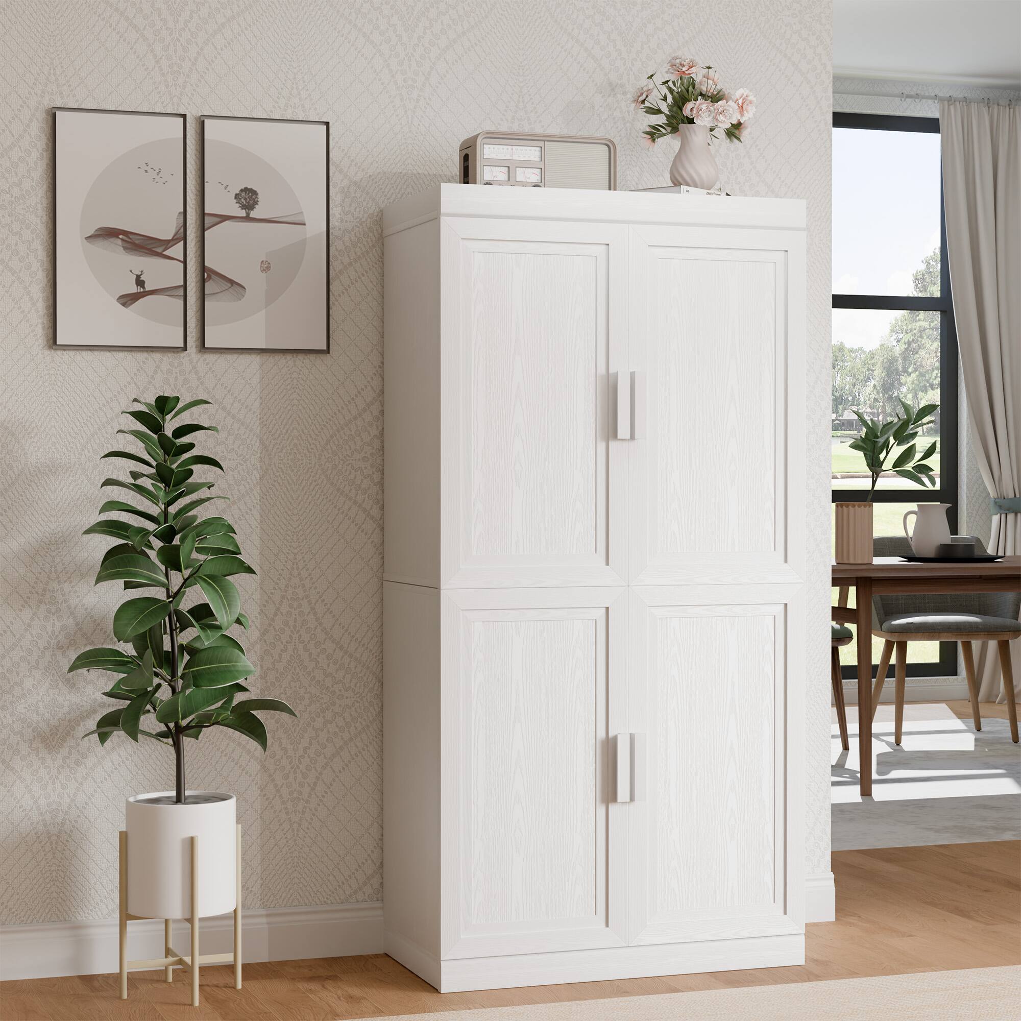 Alt View 1. PexFix - 62" Kitchen Pantry Cabinet, Oak Freestanding Storage Cabinet with Doors and Adjustable Shelves for Dining Room - White.