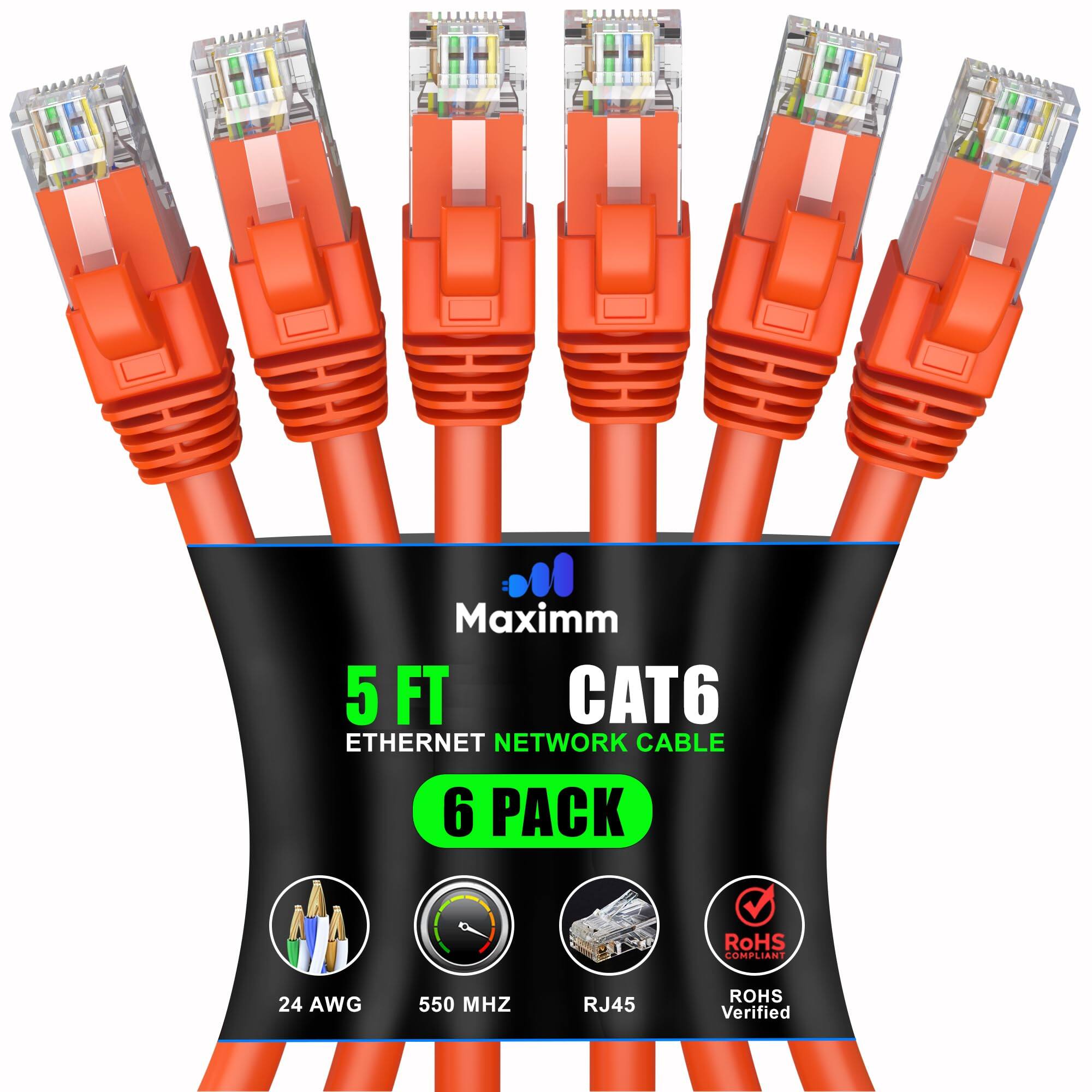 Maxim 5 FT CAT6 Ethernet Network Cable 6 Pack  
RoHS Compliant  
24 AWG  
550 MHz  
RJ45  
RoHS Verified