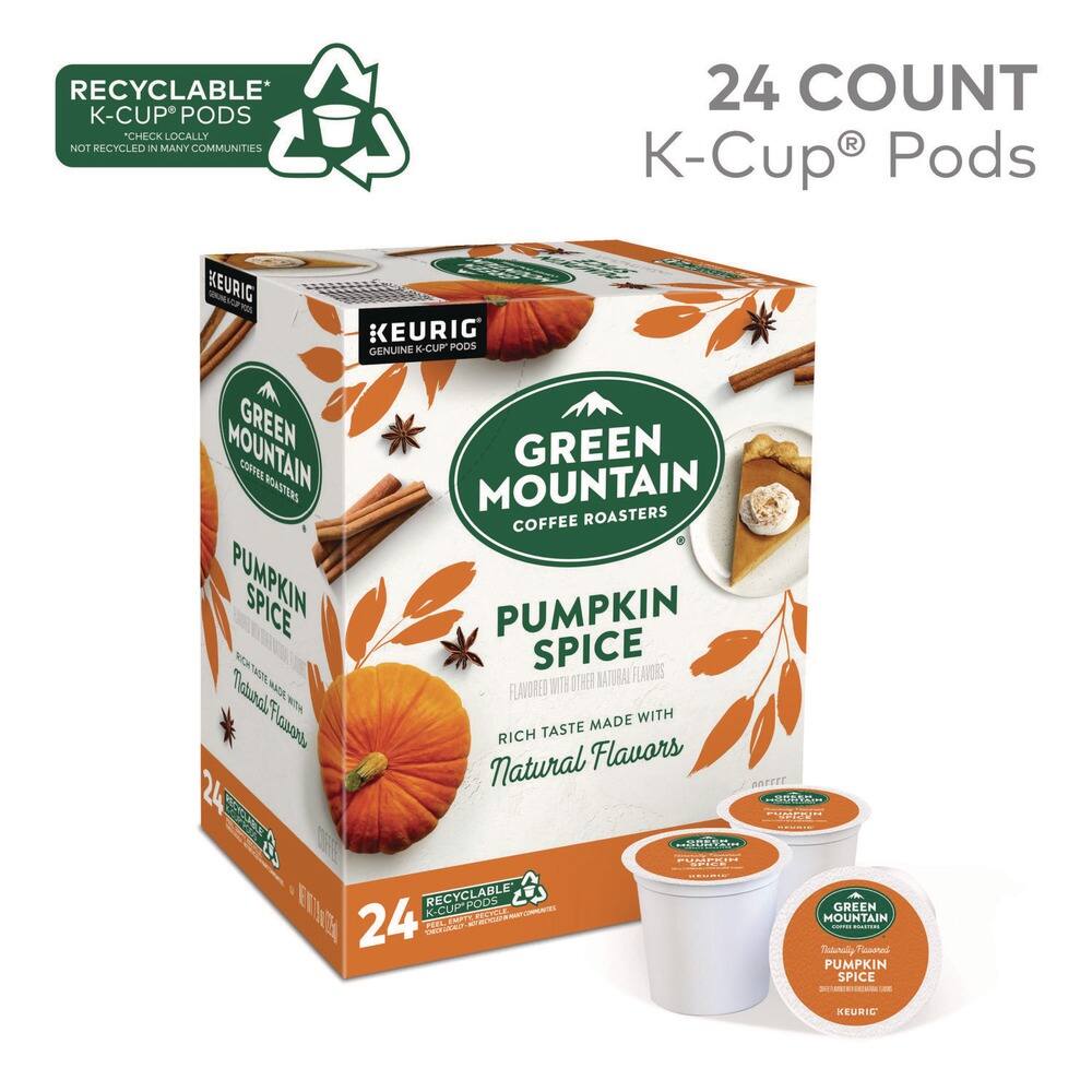 RECYCLABLE* K-CUP® PODS  
CHECK LOCALLY  
NOT RECYCLED IN MANY COMMUNITIES  

24 COUNT  
K-Cup® Pods  

KEURIG  
GENUINE K-CUP® PODS  

GREEN MOUNTAIN  
COFFEE ROASTERS  

PUMPKIN SPICE  
RICH TASTE MADE WITH NATURAL FLAVORS  

24 COUNT  

RECYCLABLE* K-CUP® PODS