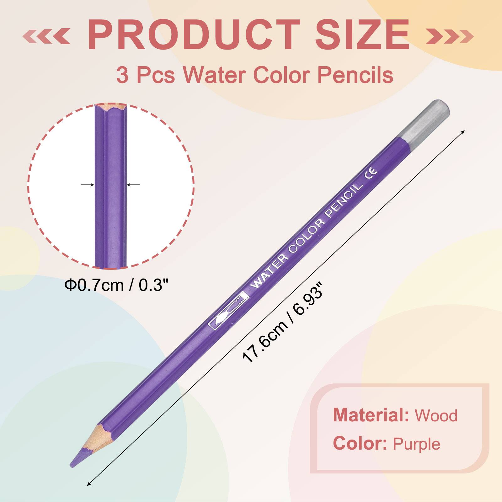 PRODUCT SIZE

3 Pcs Water Color Pencils

0.7cm / 0.3"  
17.6cm / 6.93"

Material: Wood  
Color: Purple