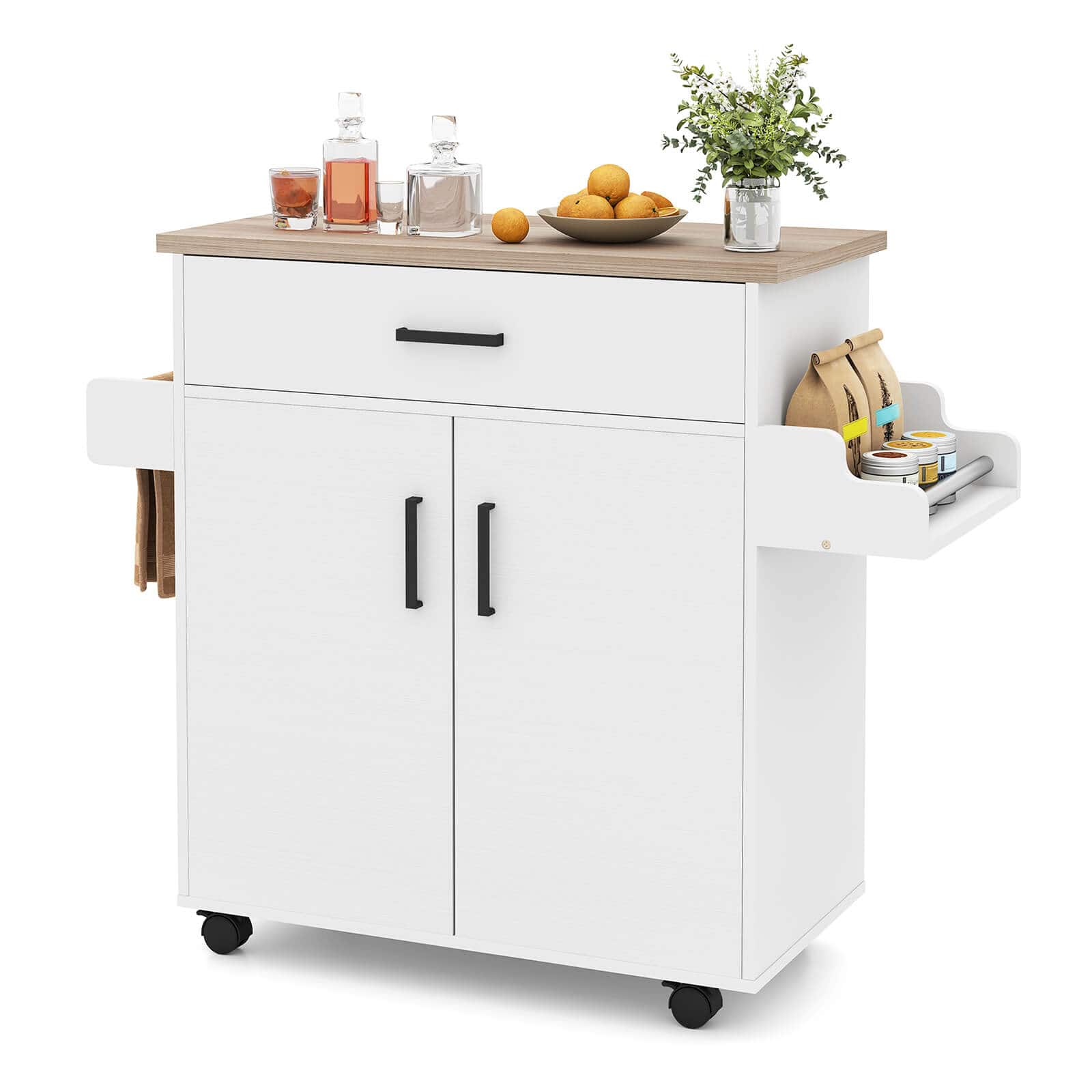 Costway - Kitchen Island Cart with Drawer, 2 Doors, Spice Rack, Towel Bar, 2 Lockable Wheels - White
