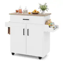 Costway - Kitchen Island Cart with Drawer, 2 Doors, Spice Rack, Towel Bar, 2 Lockable Wheels - White