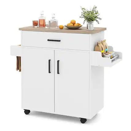 Front. Costway - Costway Kitchen Island Cart with Drawer, 2 Doors, Spice Rack, Towel Bar, 2 Lockable Wheels - White.