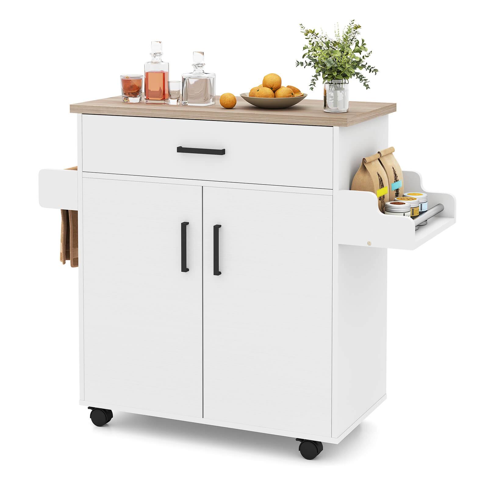 Front. Costway - Costway Kitchen Island Cart with Drawer, 2 Doors, Spice Rack, Towel Bar, 2 Lockable Wheels - White.