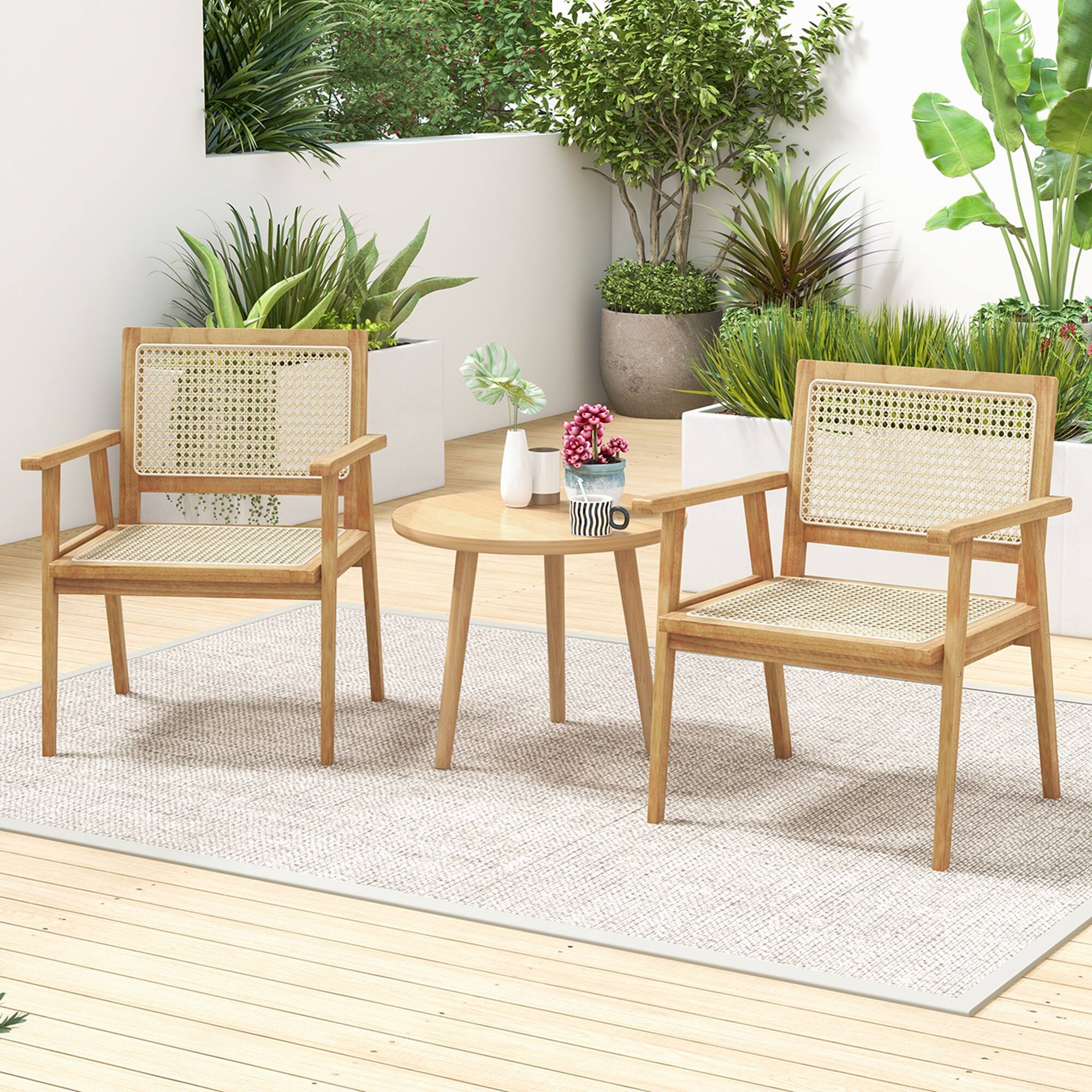 Back. Costway - 2 PCS Wood Chair Indonesia Teak Wood Armchair with Natural Rattan Seat & Back Patio Chair for Porch - Natural.