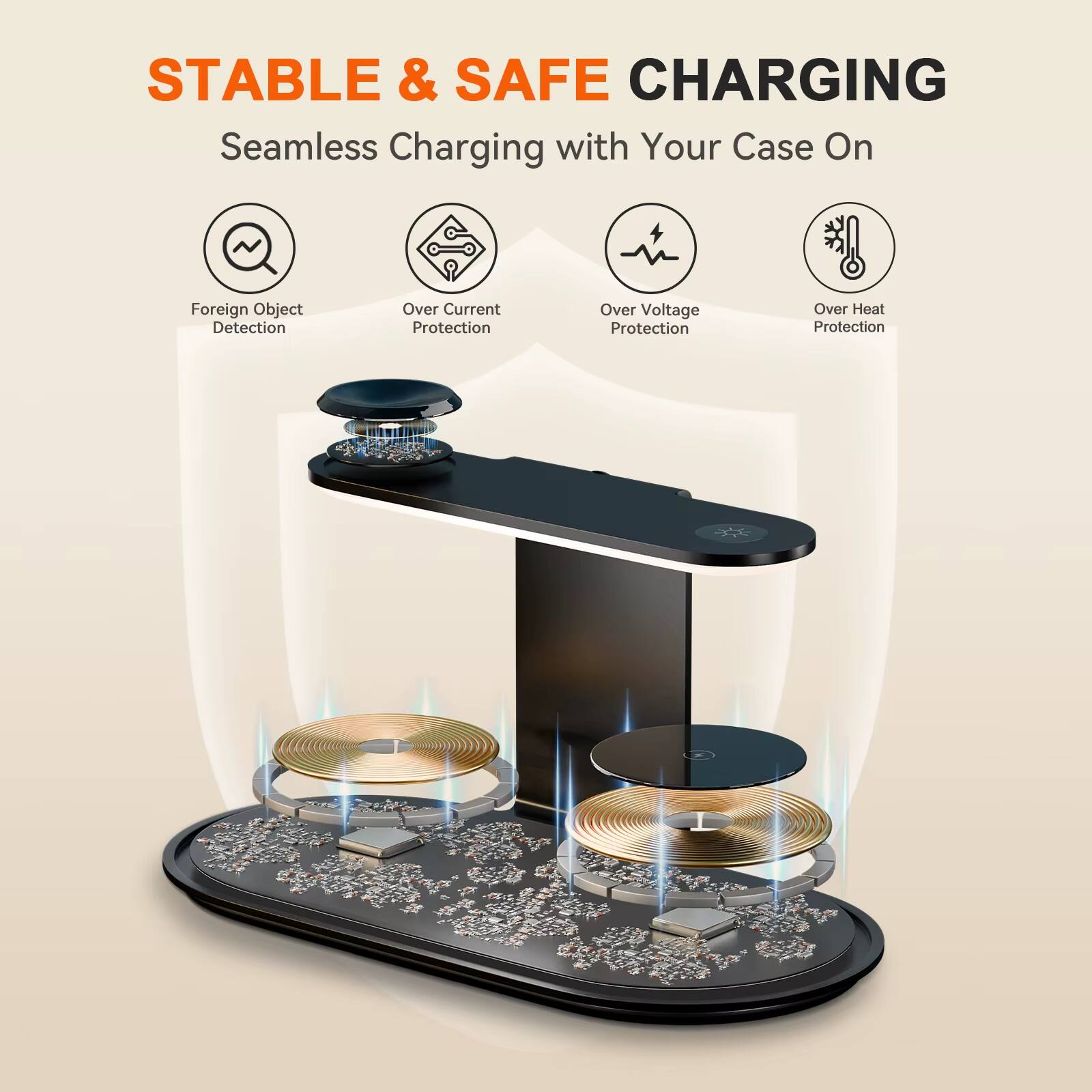 STABLE & SAFE CHARGING  
Seamless Charging with Your Case On  

- Foreign Object Detection  
- Over Current Protection  
- Over Voltage Protection  
- Over Heat Protection