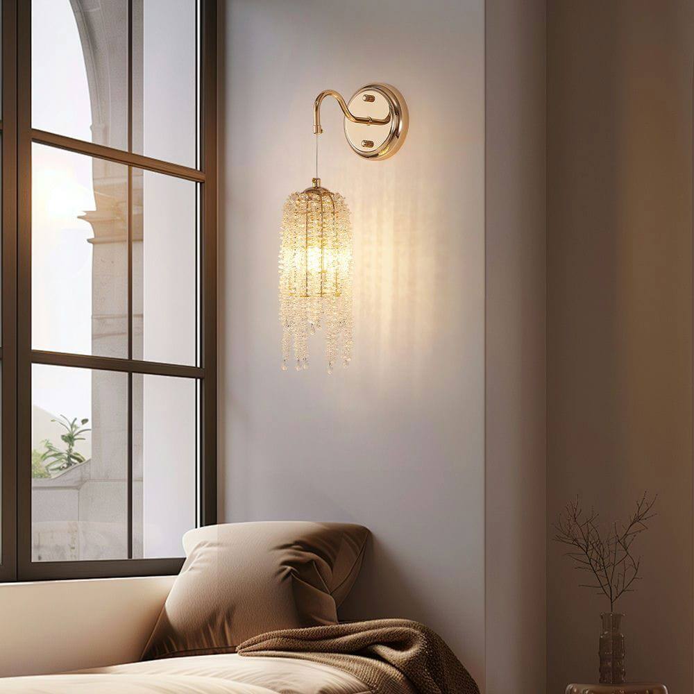 Alt View 4. Kadyn - Set of 2 Gold Frame and Cascading Crystal Bead String Wall Sconces, E12 Bulb Socket, Elegant Hanging Light Fixture, Gold - Gold.