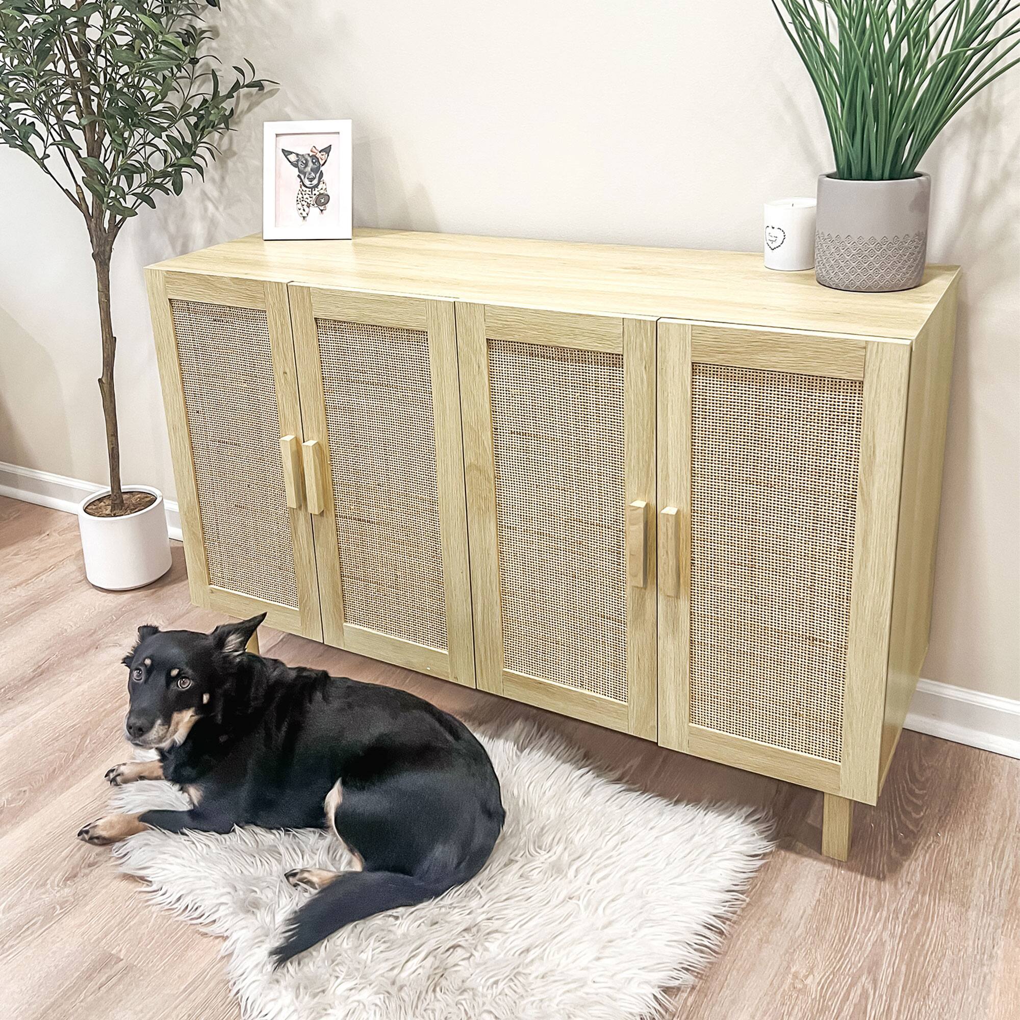 Alt View 5. Homcom - Boho Sideboard Buffet Cabinet, Coffee Bar Cabinet with 4 Rattan Doors and Adjustable Shelves for Kitchen, Living Room - Natural Wood.