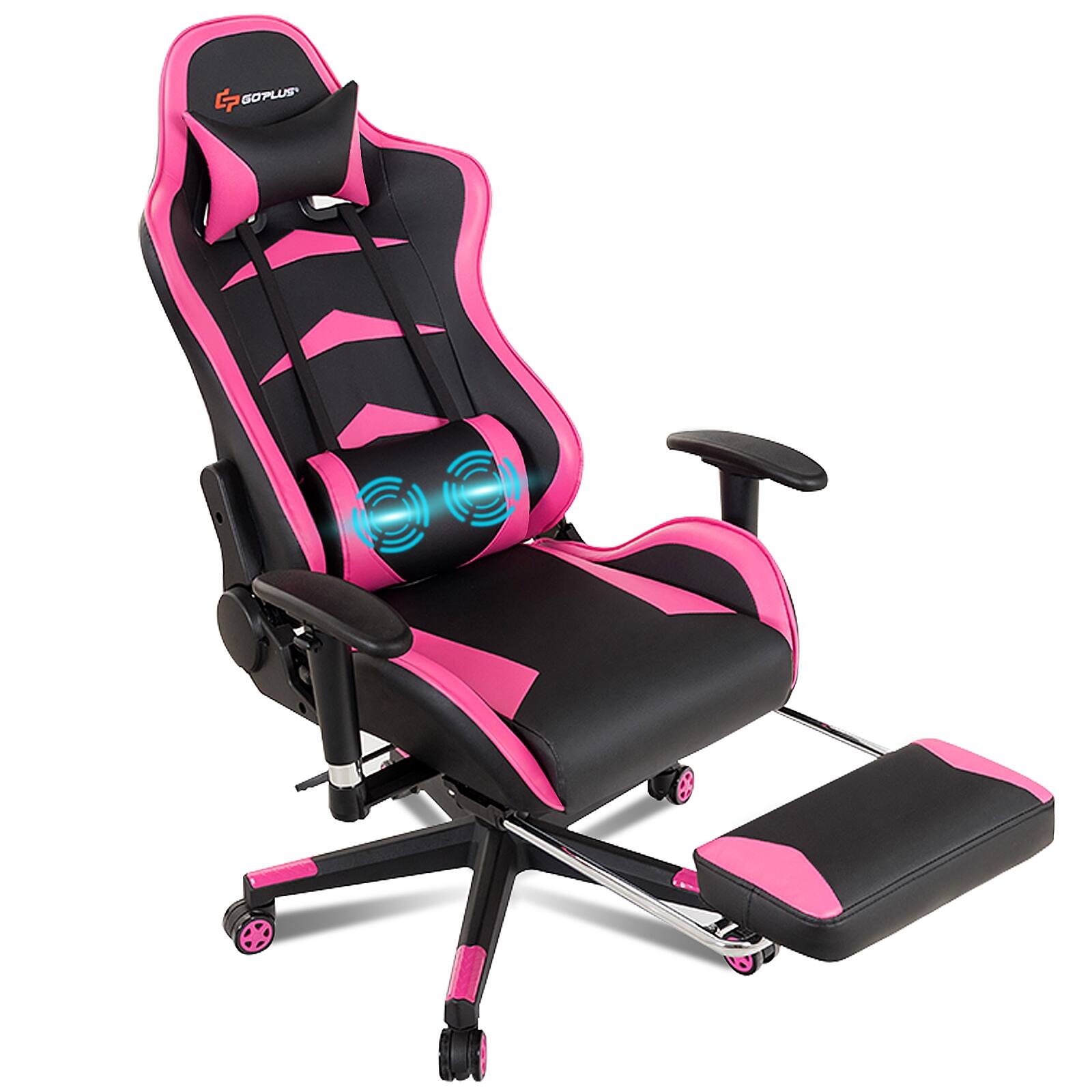 Back. WELLFOR - Massage Gaming Chair with Footrest - Pink.