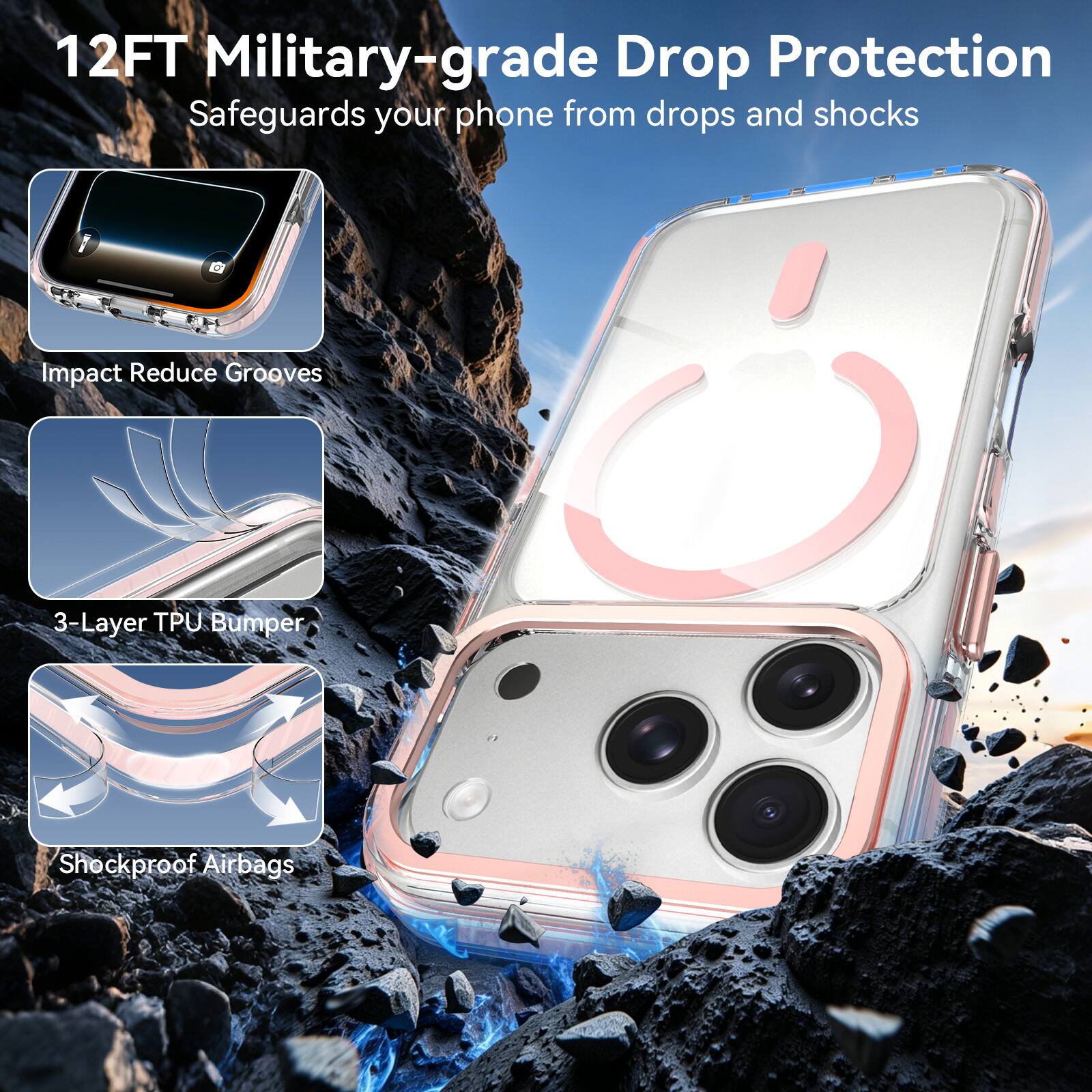 12FT Military-grade Drop Protection  
Safeguards your phone from drops and shocks

- Impact Reduce Grooves
- 3-Layer TPU Bumper
- Shockproof Airbags