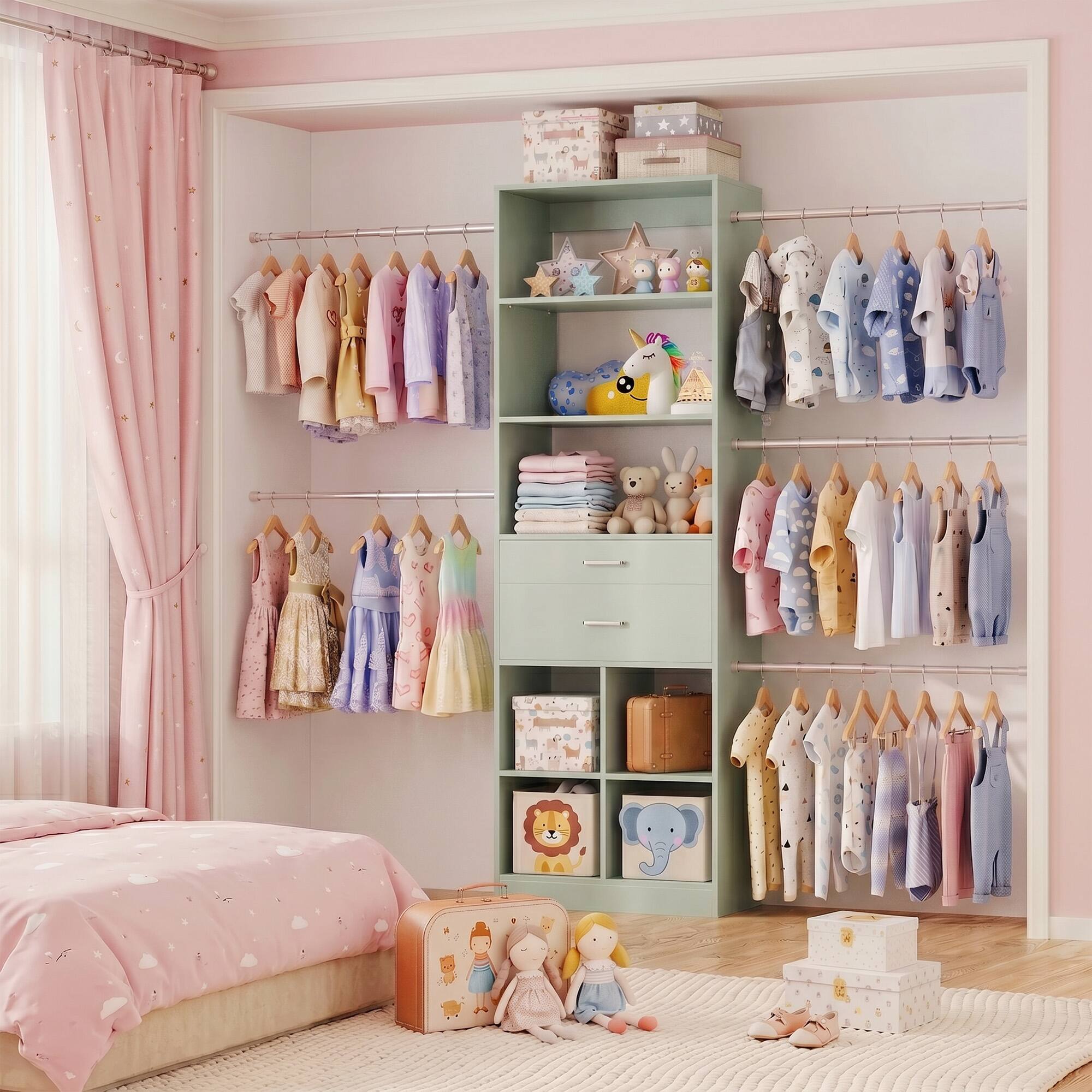 Alt View 1. Aheaplus - Small Closet System, 3.2-6.8FT Adjustable Closet Organizer with 2 Drawers & 5 Hanging Rods - Cyan.