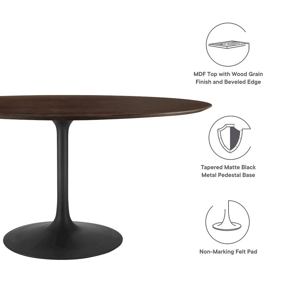 MDF Top with Wood Grain Finish and Beveled Edge  
Tapered Matte Black Metal Pedestal Base  
Non-Marking Felt Pad