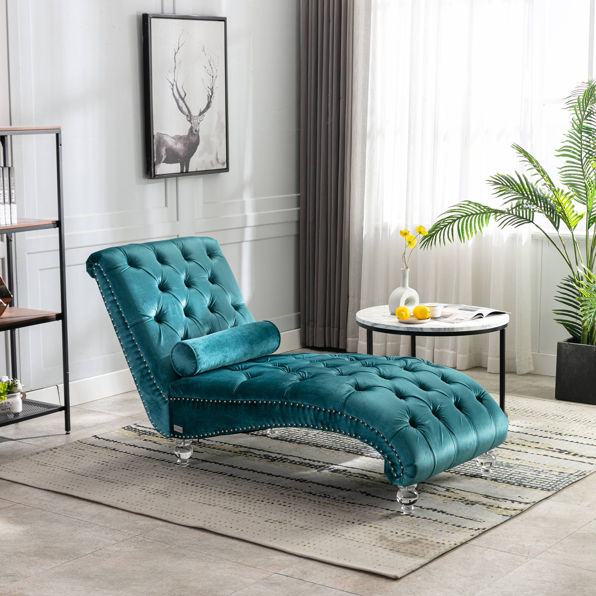 Back. Trinkets Crazed - Velvet Indoor Chaise Lounge Chair with Toss Pillow, Upholstered Modern Tufted Button Lounge Chair with Acrylic Legs - Teal.