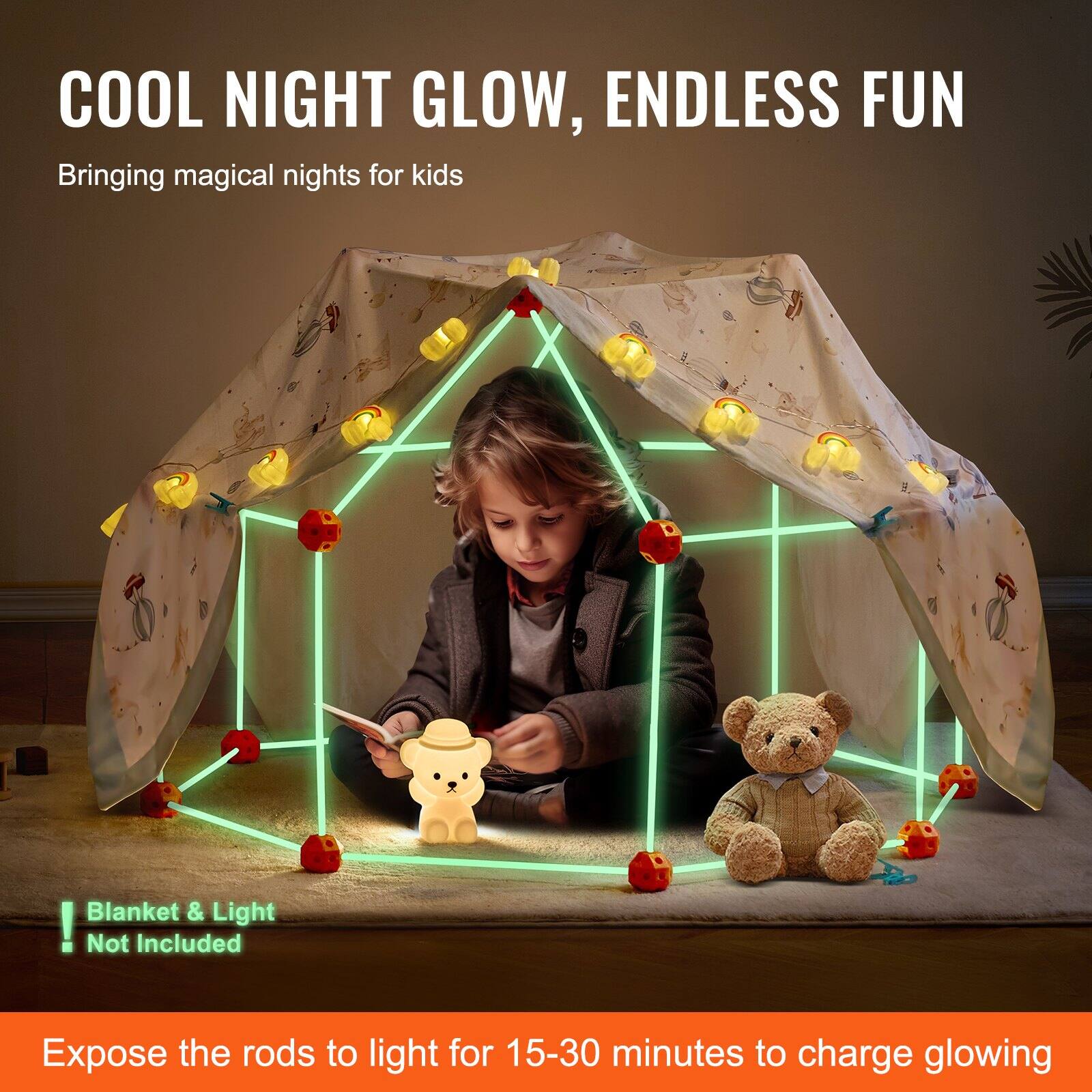 COOL NIGHT GLOW, ENDLESS FUN  
Bringing magical nights for kids  

Blanket & Light Not Included  

Expose the rods to light for 15-30 minutes to charge glowing