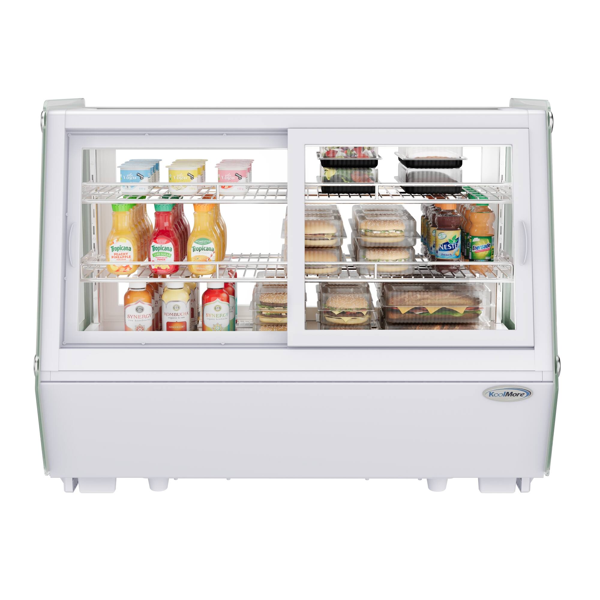 The image shows a refrigerator with its door open, revealing a variety of food items inside. There are several bottles of juice, including Tropicana, and multiple sandwiches placed on different shelves. The refrigerator is filled with a diverse assortment of food and drinks, making it a convenient and well-stocked appliance for those who use it.