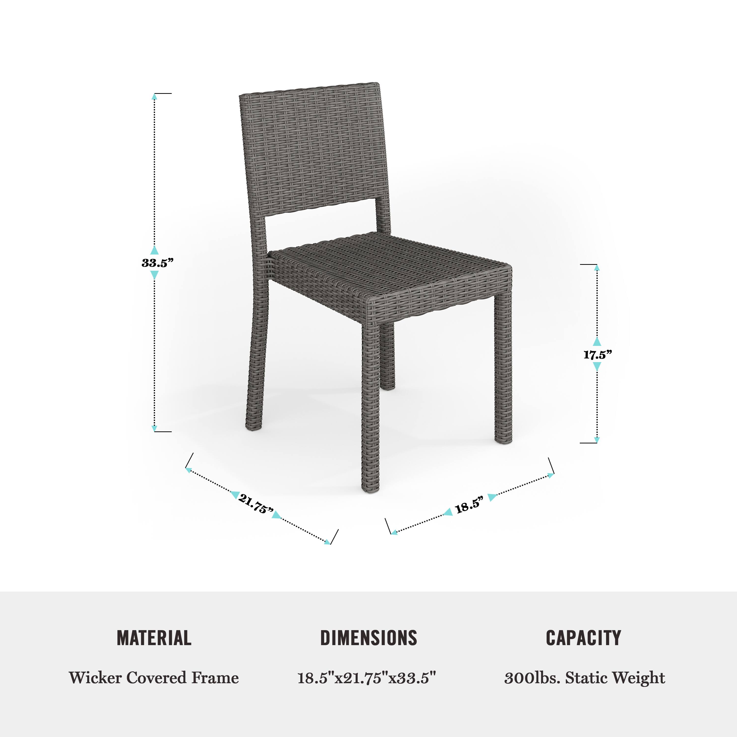 The text on the image reads:

Material: Wicker Covered Frame
Dimensions: 18.5" x 21.75" x 33.5"
Capacity: 300lbs. Static Weight