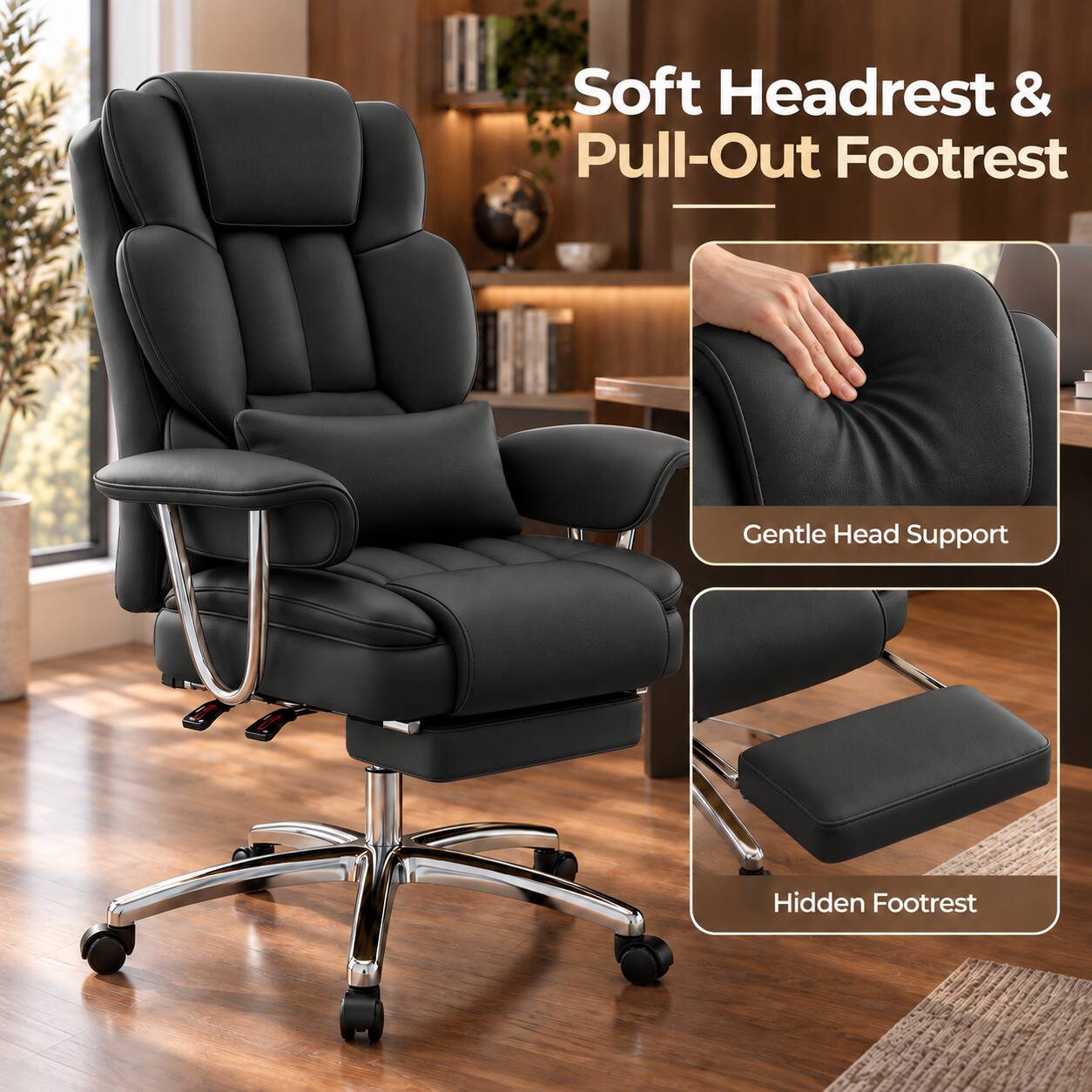 Soft Headrest & Pull-Out Footrest  
Gentle Head Support  
Hidden Footrest