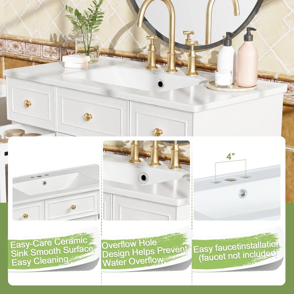4"  
Easy-Care Ceramic Sink Smooth Surface Design Helps Prevent Water Overflow  
Easy faucet installation (faucet not included)