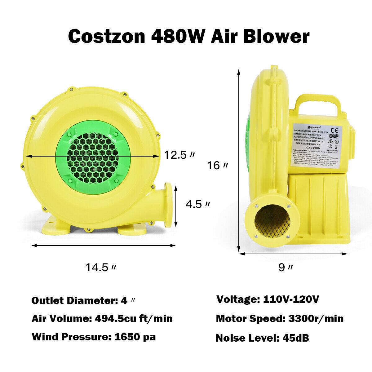 Costzon 480W Air Blower  
12.5" x 16"  

- Outlet Diameter: 4"  
- Air Volume: 494.5 cu ft/min  
- Wind Pressure: 1650 pa  
- Voltage: 110V-120V  
- Motor Speed: 3300r/min  
- Noise Level: 45dB