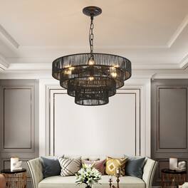 Loheer - Rustic Rope Pendant Light Four Tier Black Chandelier with Six E12 Sockets for Dining Room