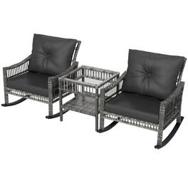 Resenkos - 3-Piece Patio Bistro Set, PE Rattan, Rocking Chair with Tempered Glass Table Top - Gray