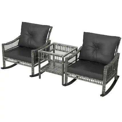 Front. Resenkos - Resenkos 3-Piece Patio Bistro Set, PE Rattan, Rocking Chair with Tempered Glass Table Top, Gray - Gray.