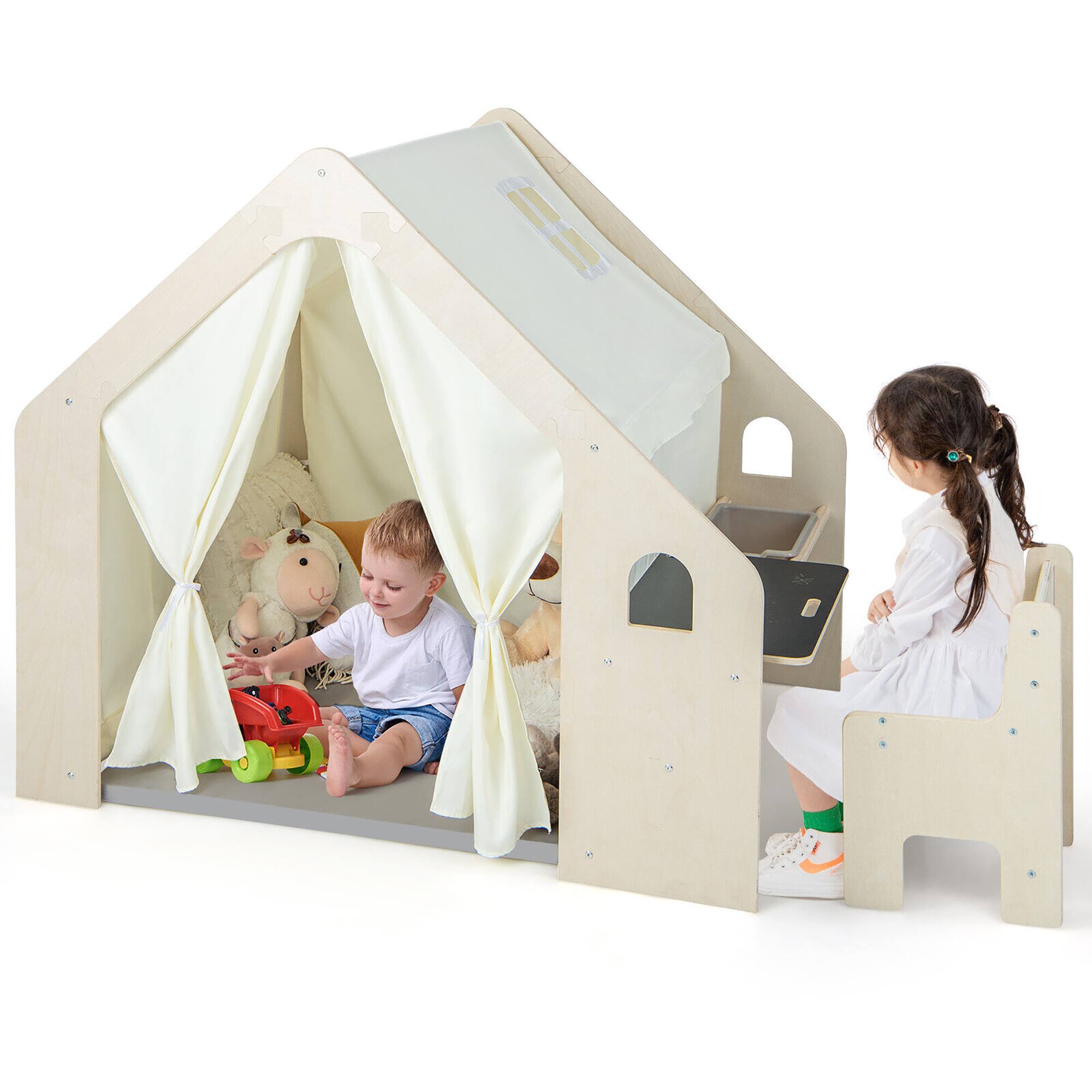 Gymax - 6-in-1 Kids Playhouse Wooden Indoor Play Tent w/ Blackboard Desk Table Chair - Natural