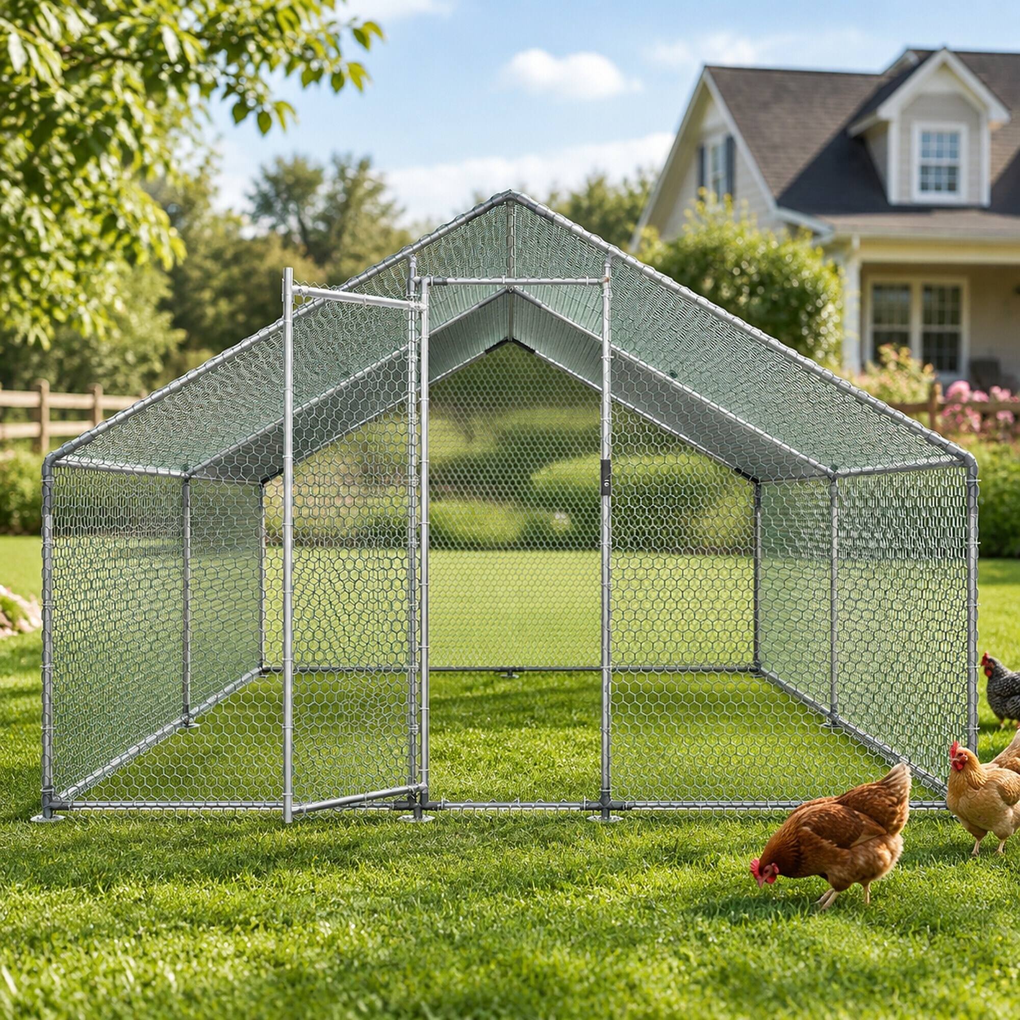 Left. RYHNUYNE - Large Metal Chicken Coop, 9.8 x 13.1 x 6.6 ft Walk-in Run, Spire Roof, Waterproof Cover, Locking Door.