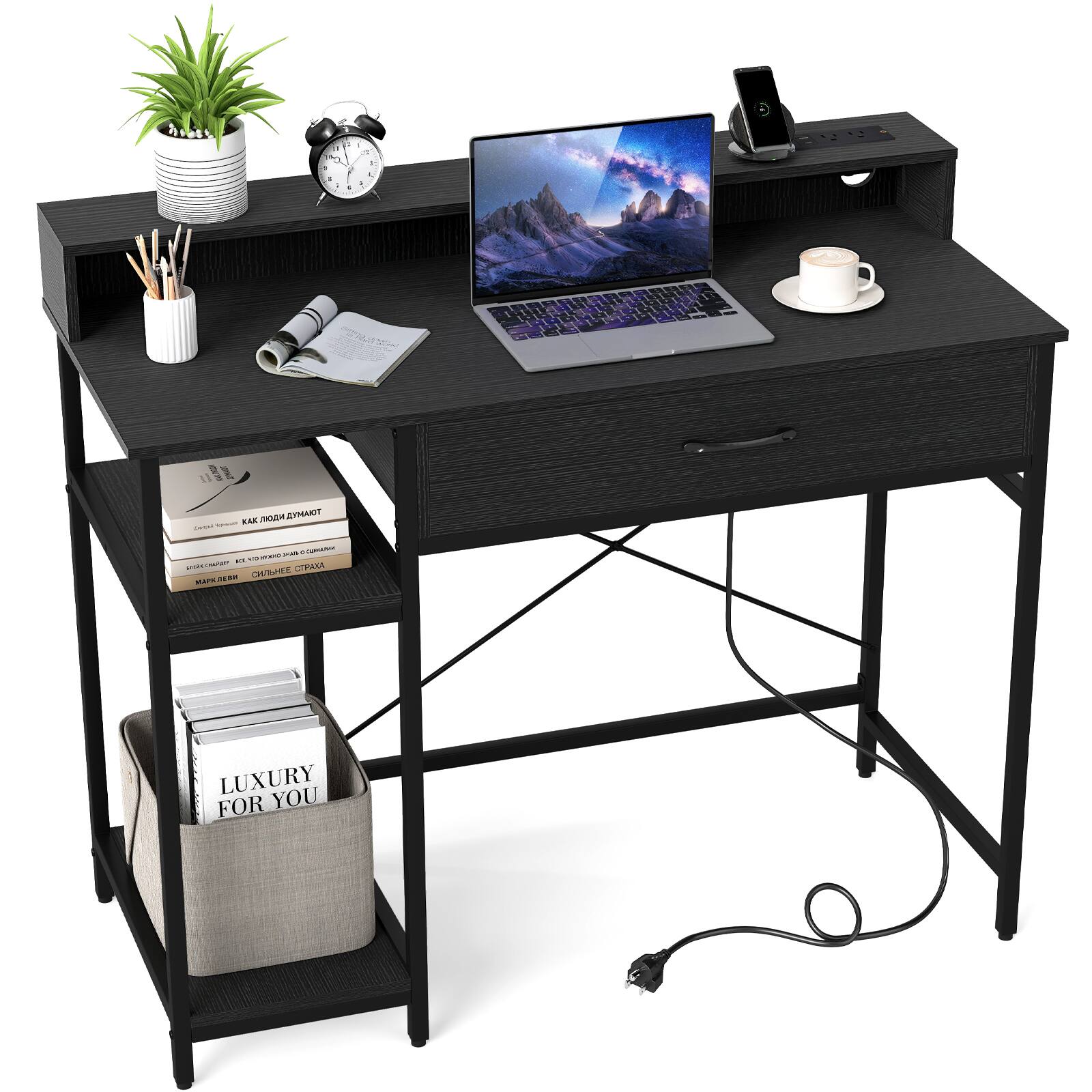 Gymax - 42'' Computer Desk w/Power Outlets Hutch Drawer & 2 Open Shelves for Office - Black