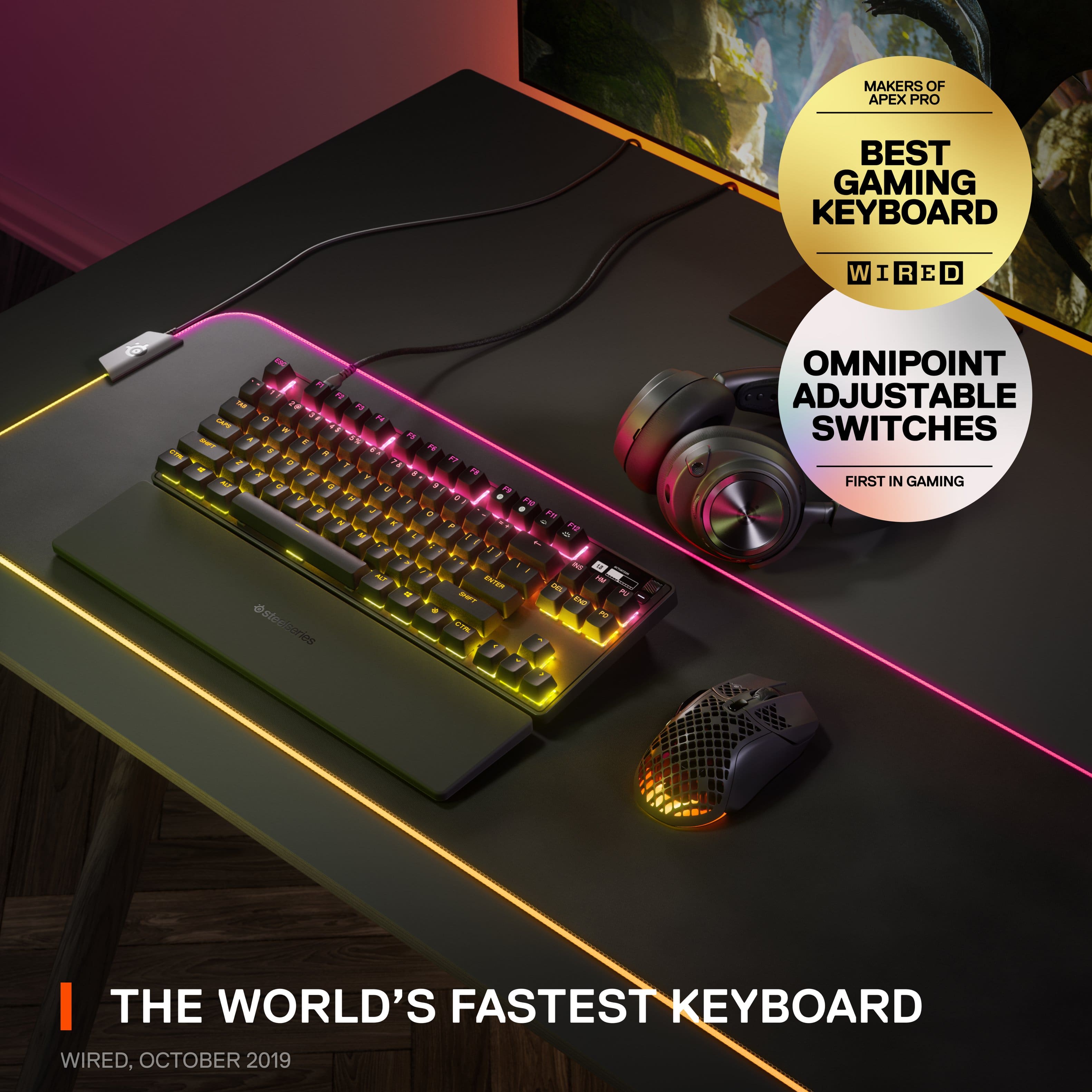 The World's Fastest Keyboard is a product that has been recognized for its innovative design and performance. It features adjustable switches and is the first in gaming, offering a unique and competitive advantage to its users. The product is designed by the makers of Apex Pro, a well-known brand in the gaming industry. The image showcases the keyboard on a table, with a mouse nearby, emphasizing its functionality and ease of use.