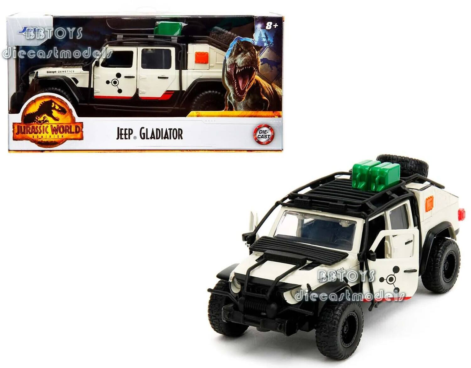 The text on the image can be grouped and corrected as follows:

- **Brand:** BTTOYS diecastmodels
- **Product:** Jurassic World Jeep Gladiator Die-Cast
- **Age Recommendation:** 8+
- **Details:** Dipsym Genetics

This ensures that all the relevant information is clearly presented.