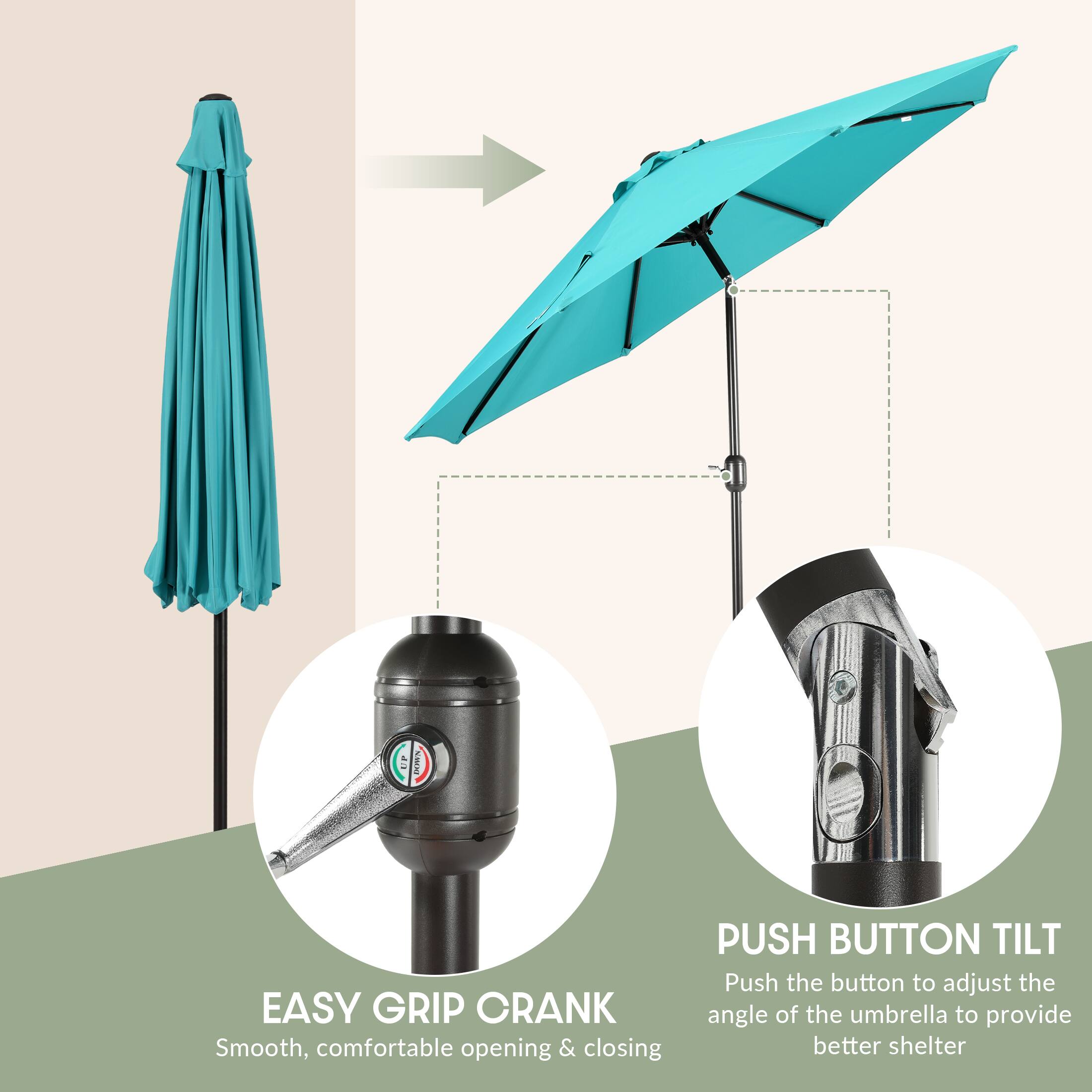 EASY GRIP CRANK  
Smooth, comfortable opening & closing  

PUSH BUTTON TILT  
Push the button to adjust the angle of the umbrella to provide better shelter