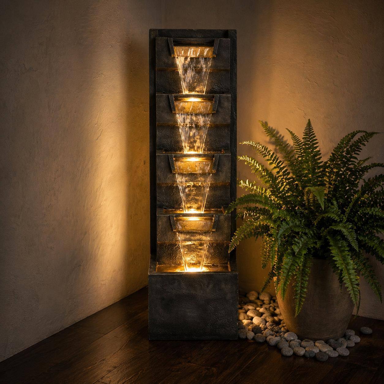 Alt View 3. RYHNUYNE - 39.4" Tall 4-Tier Outdoor Cascading Water Fountain with Warm LED Lights – Stone-Look Resin Water Feature with Quiet Pump.
