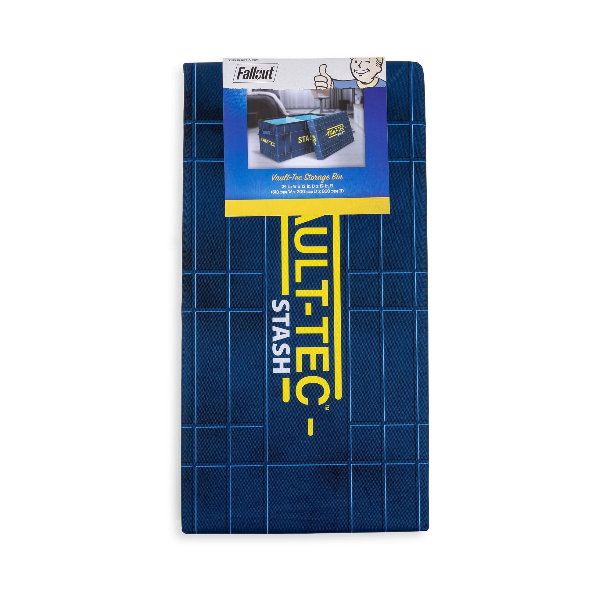 Sure, here is the corrected and grouped text from the image:

---

**Top Left:**
- Fallout

**Top Center:**
- Vault-Tec Storage Bin
- 24 in W x 12 in D x 12 in H
- 600 lb max weight
- 3000 lb max weight

**Top Right:**
- Vault-Tec

**Middle:**
- STASH
- VAULT-TEC

**Bottom:**
- VAULT-TEC
- STASH

---